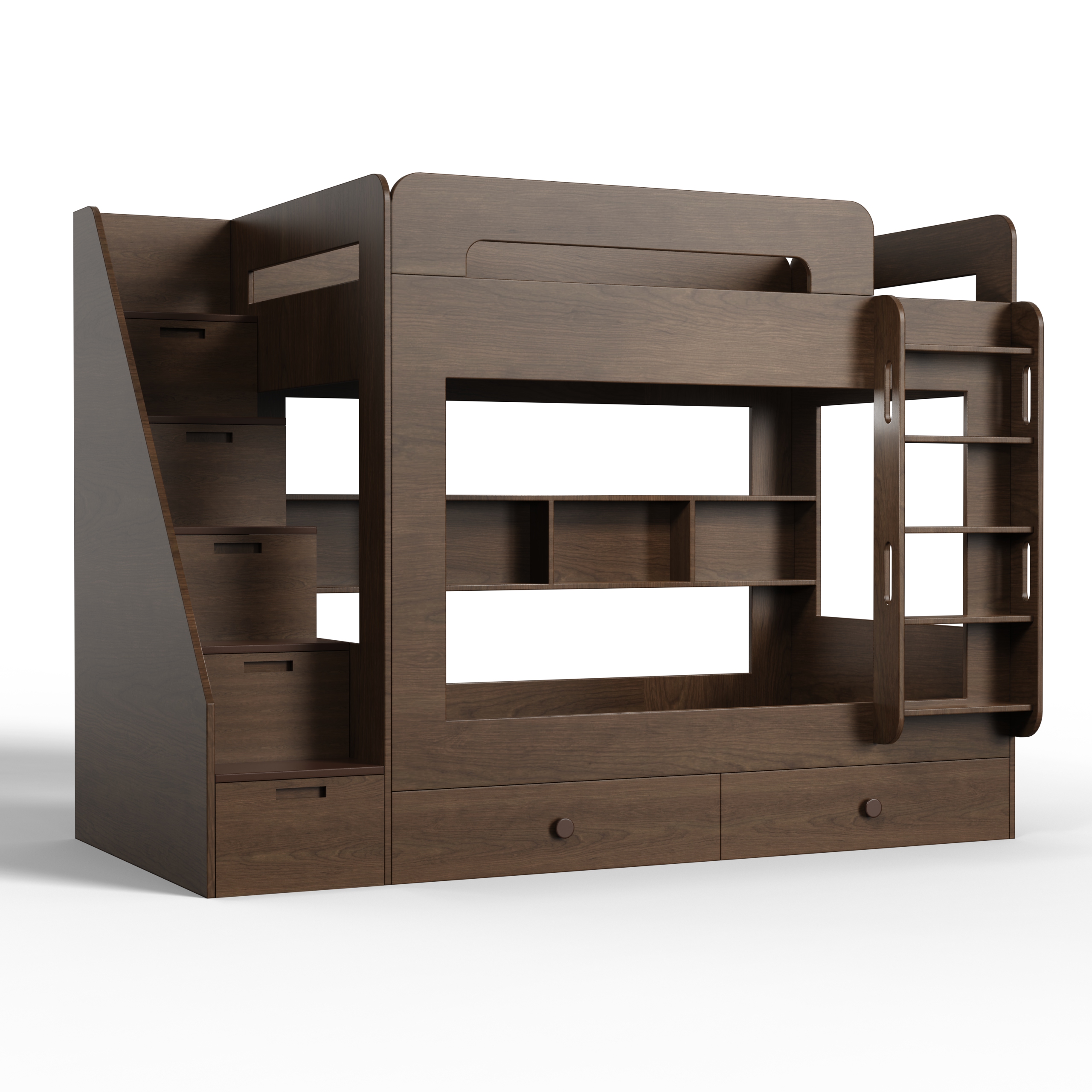 Modern Wooden Bunk Bed with Storage | Kids Twin-Over-Twin Bed with Stairs & Drawers