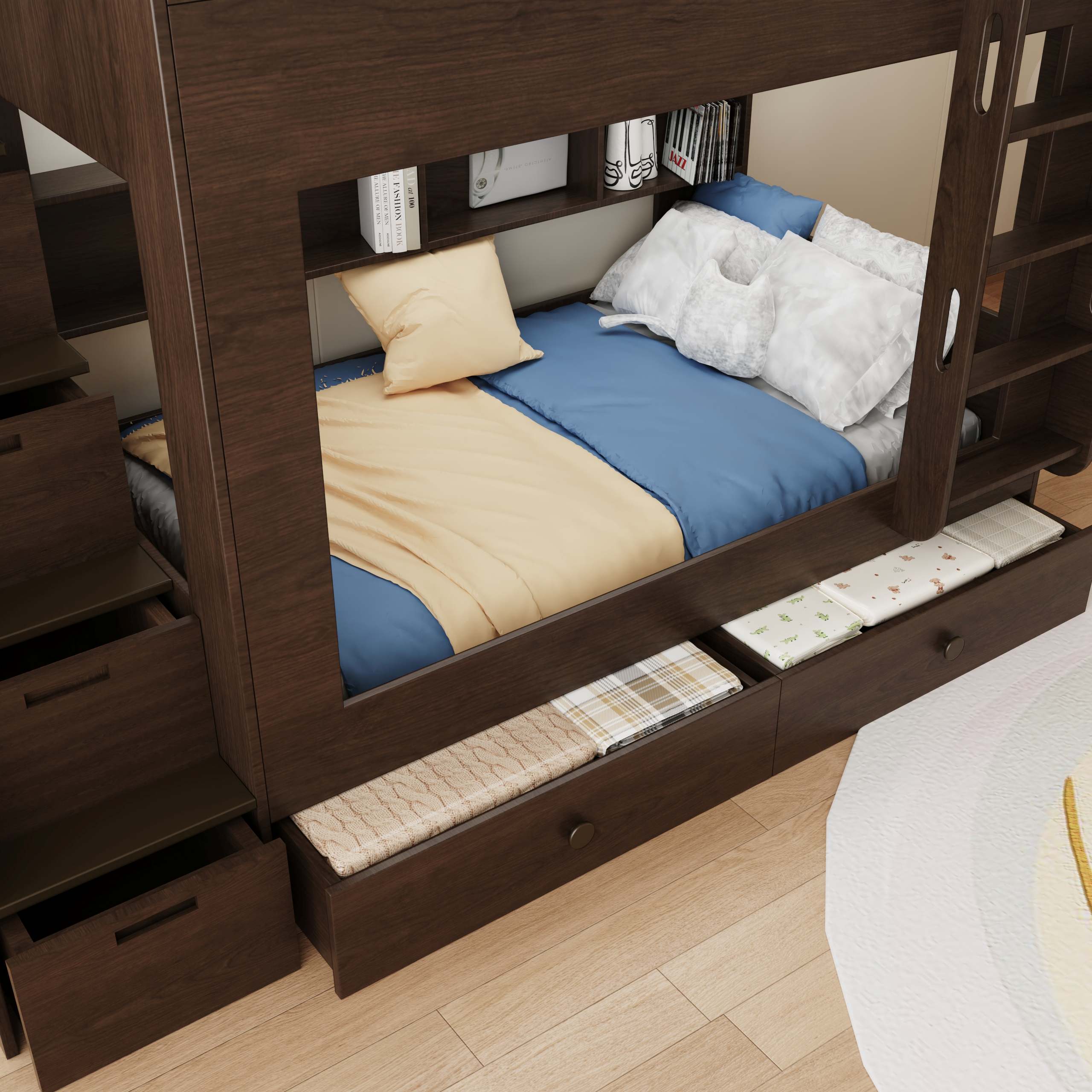 Modern Wooden Bunk Bed with Storage | Kids Twin-Over-Twin Bed with Stairs & Drawers