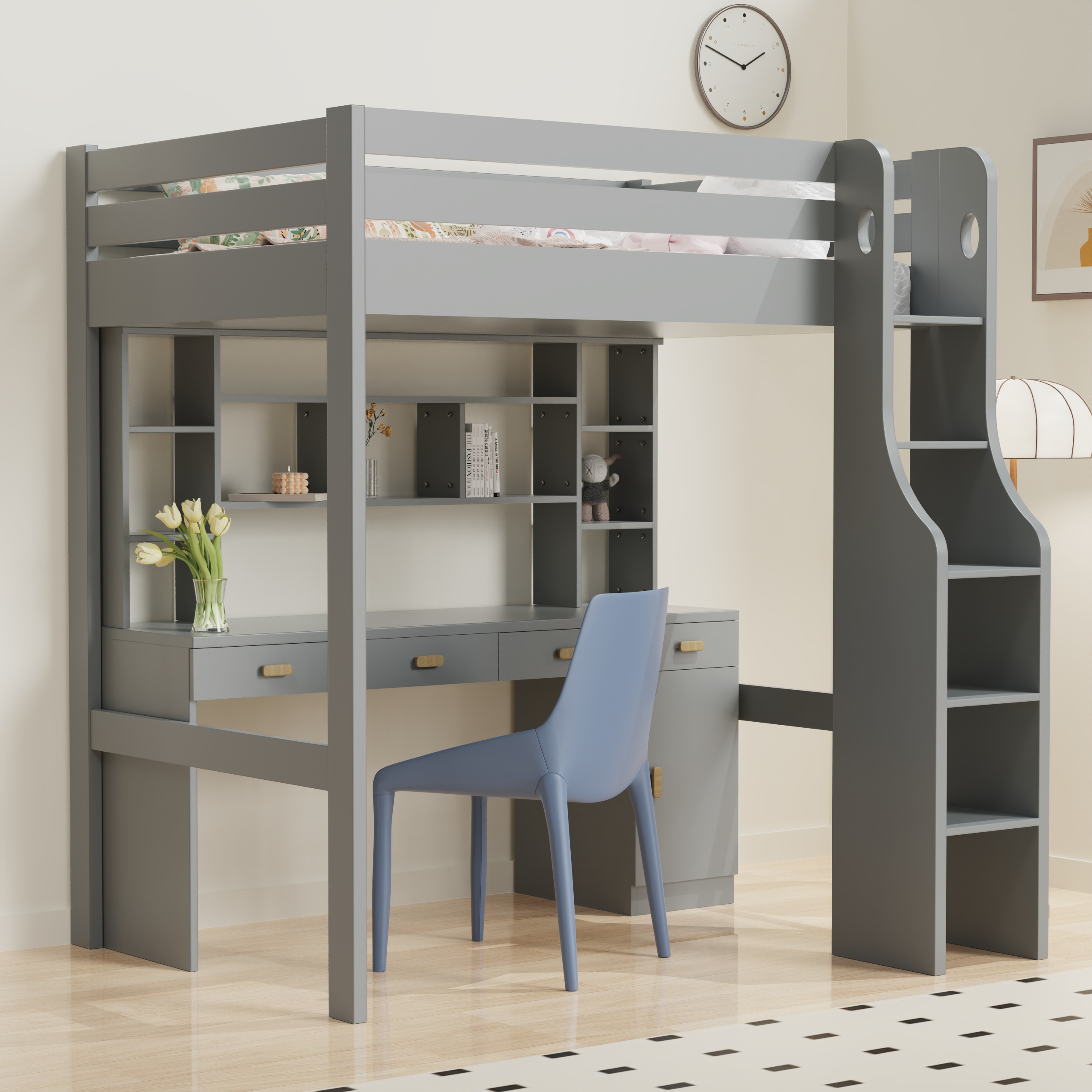 Grey Loft Bed with Desk | Kids Study Loft Bed with Built-in Shelves & Drawers