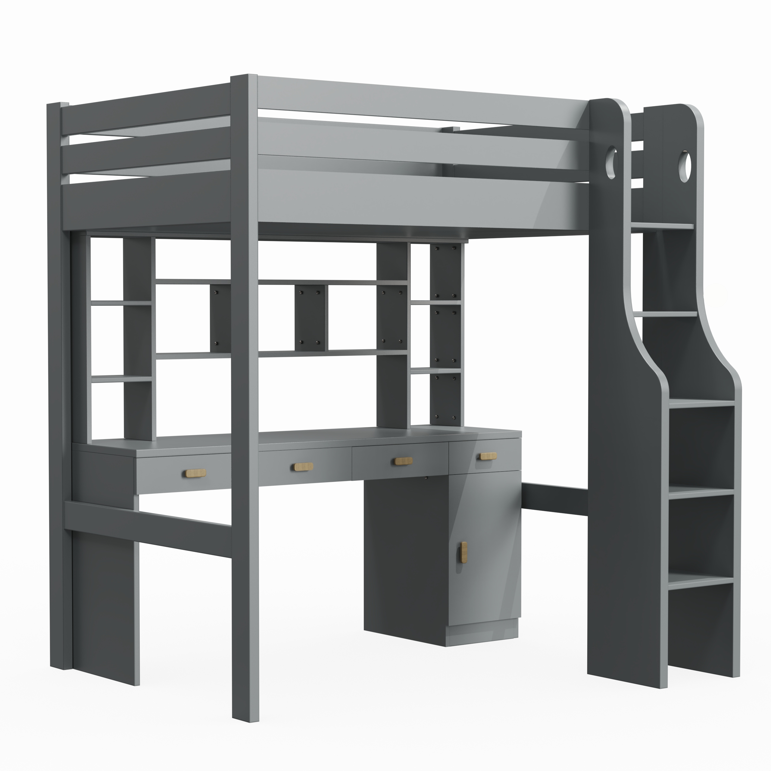 Grey Loft Bed with Desk | Kids Study Loft Bed with Built-in Shelves & Drawers