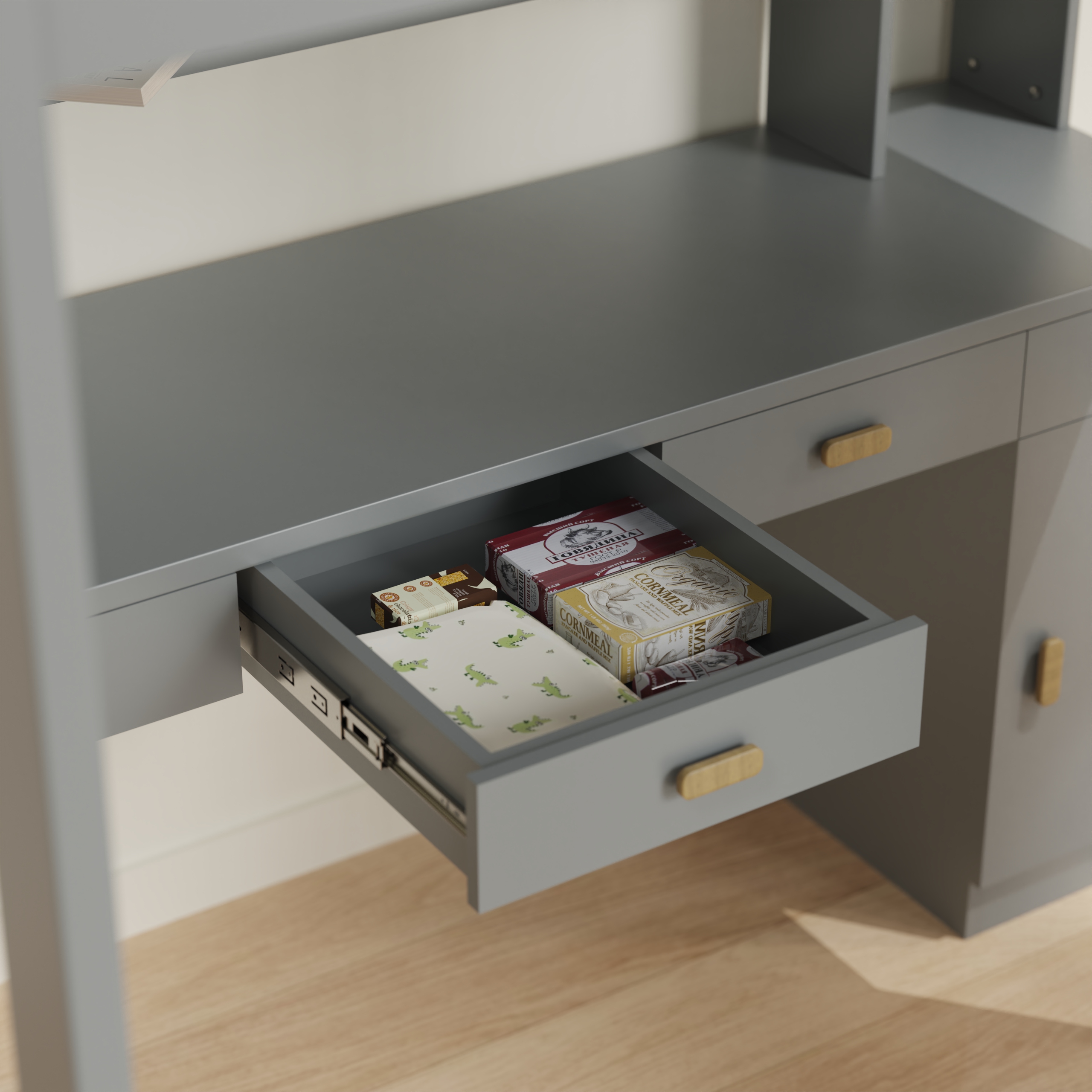 Grey Loft Bed with Desk | Kids Study Loft Bed with Built-in Shelves & Drawers