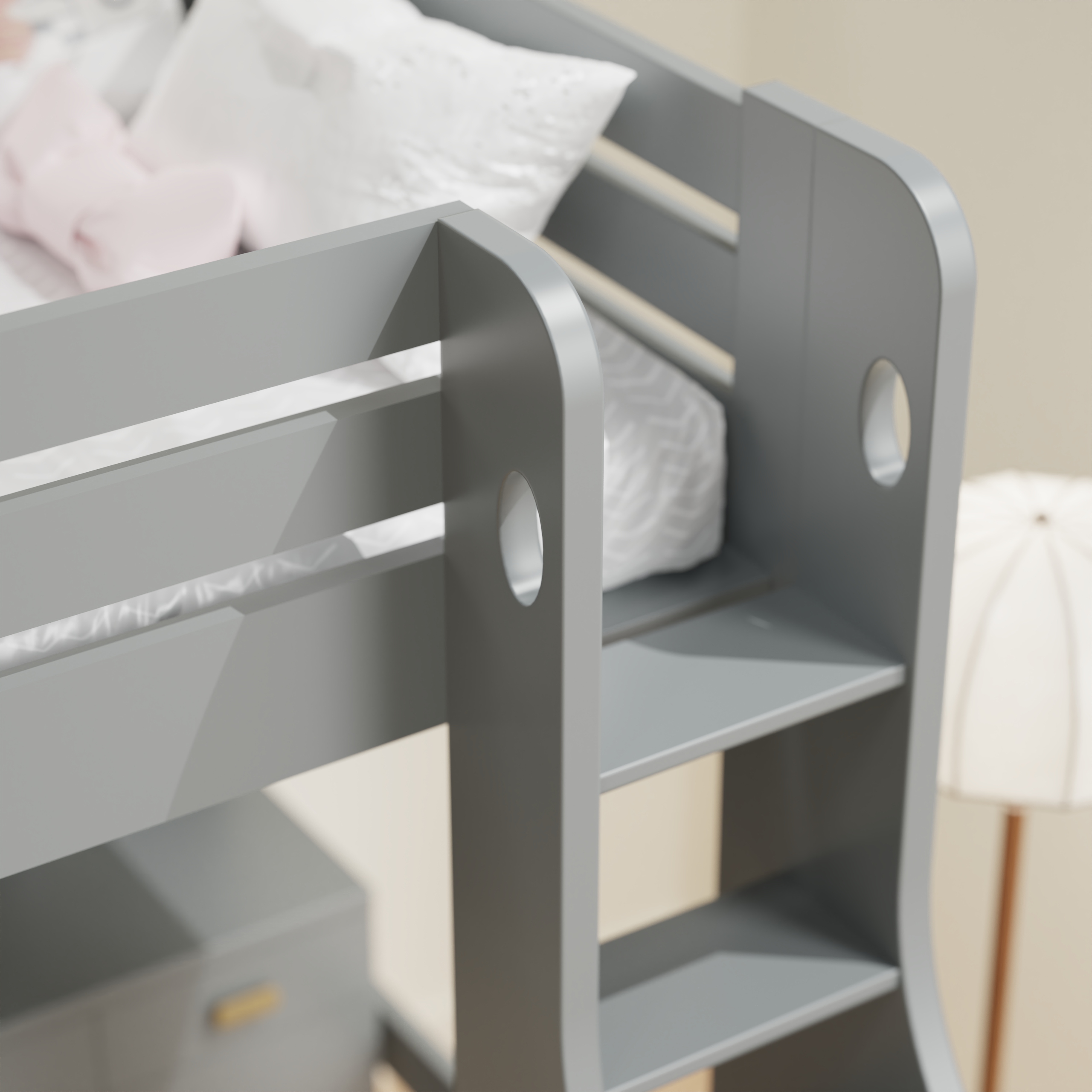 Grey Loft Bed with Desk | Kids Study Loft Bed with Built-in Shelves & Drawers