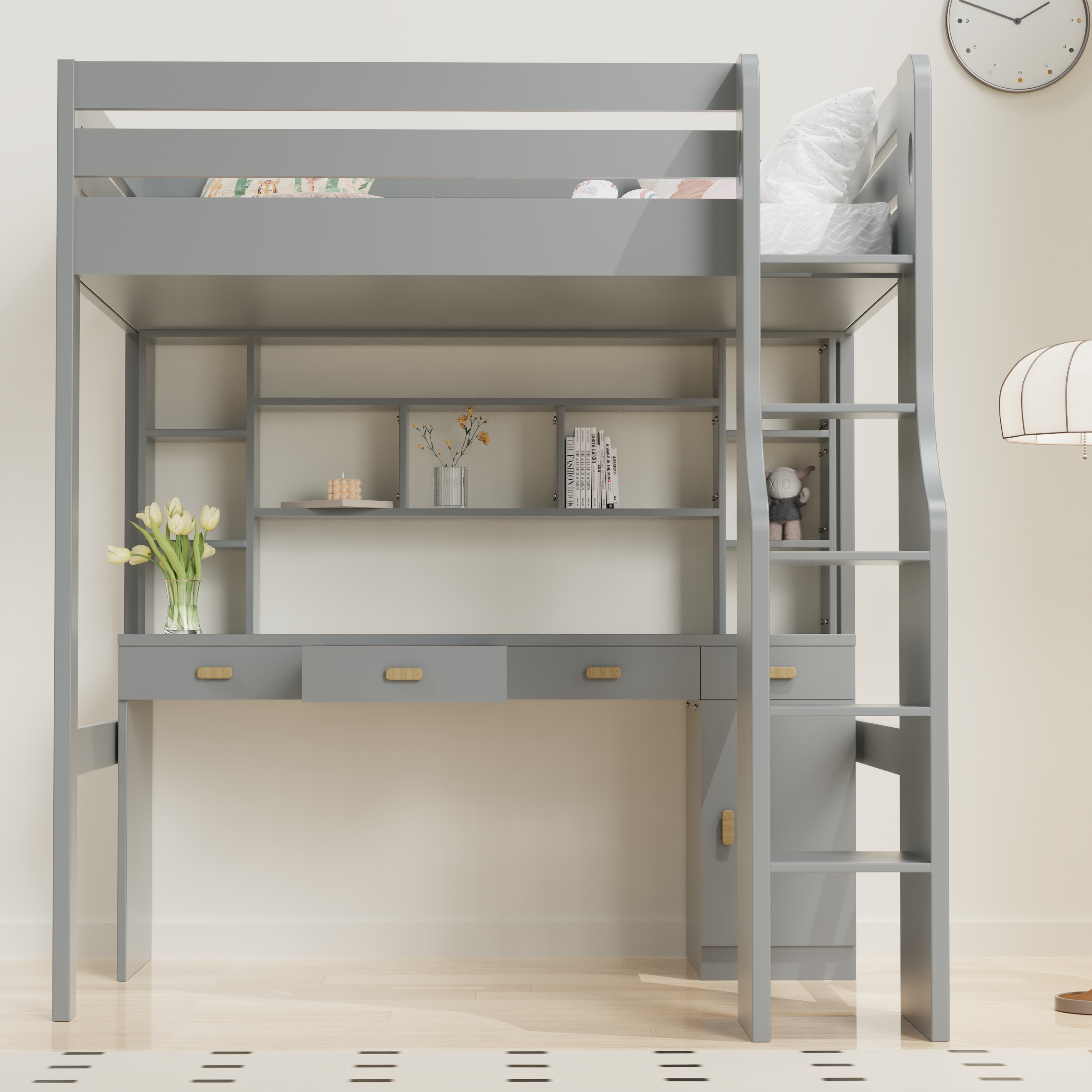 Grey Loft Bed with Desk | Kids Study Loft Bed with Built-in Shelves & Drawers
