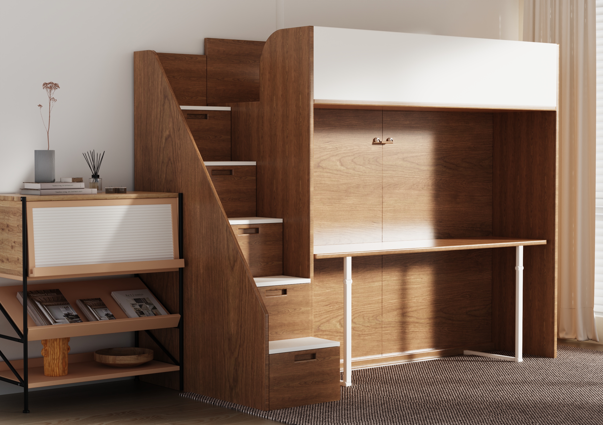 Modern Murphy Bunk Bed with Stairs | Space-Saving Kids Wall Bed with Storage Drawers