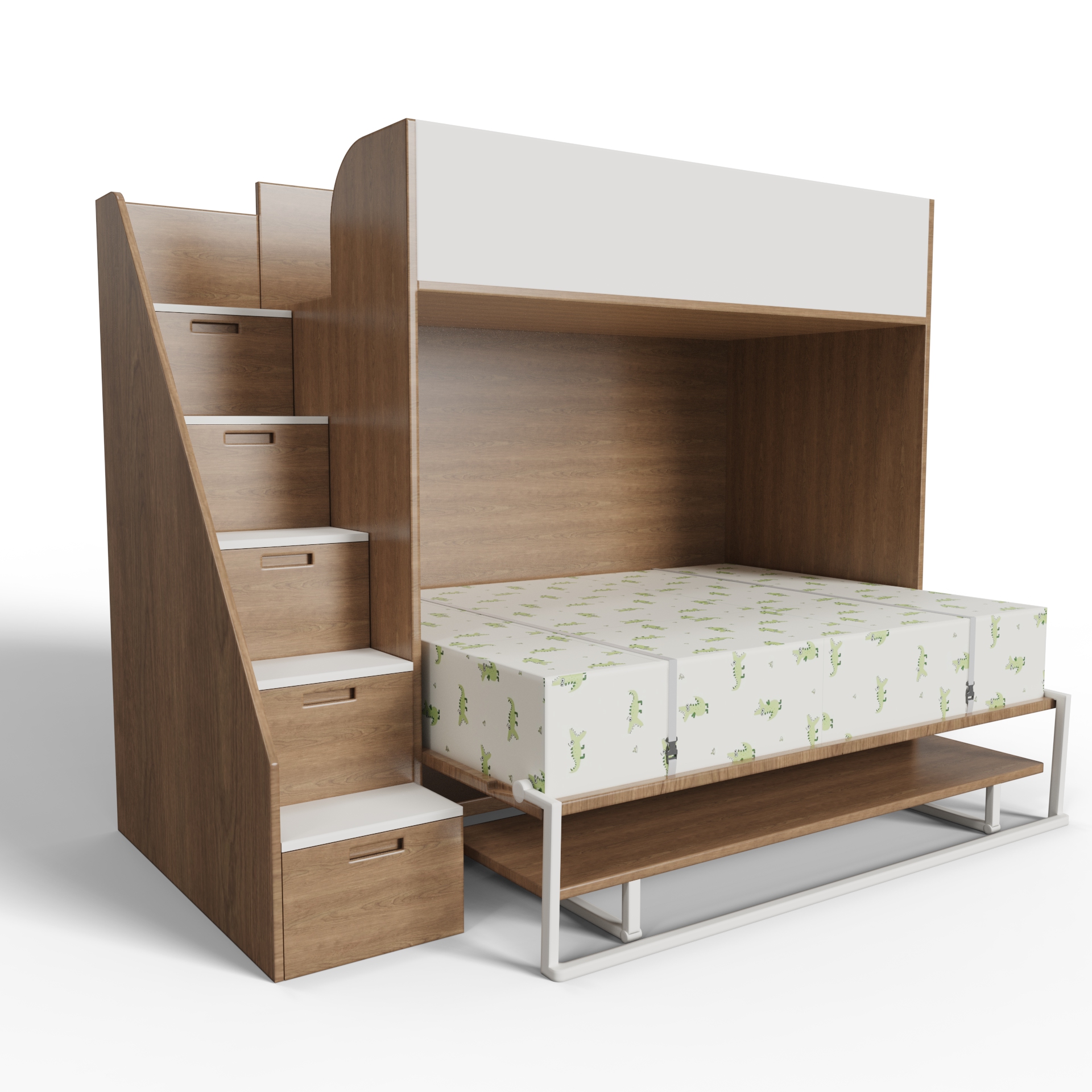 Modern Murphy Bunk Bed with Stairs | Space-Saving Kids Wall Bed with Storage Drawers