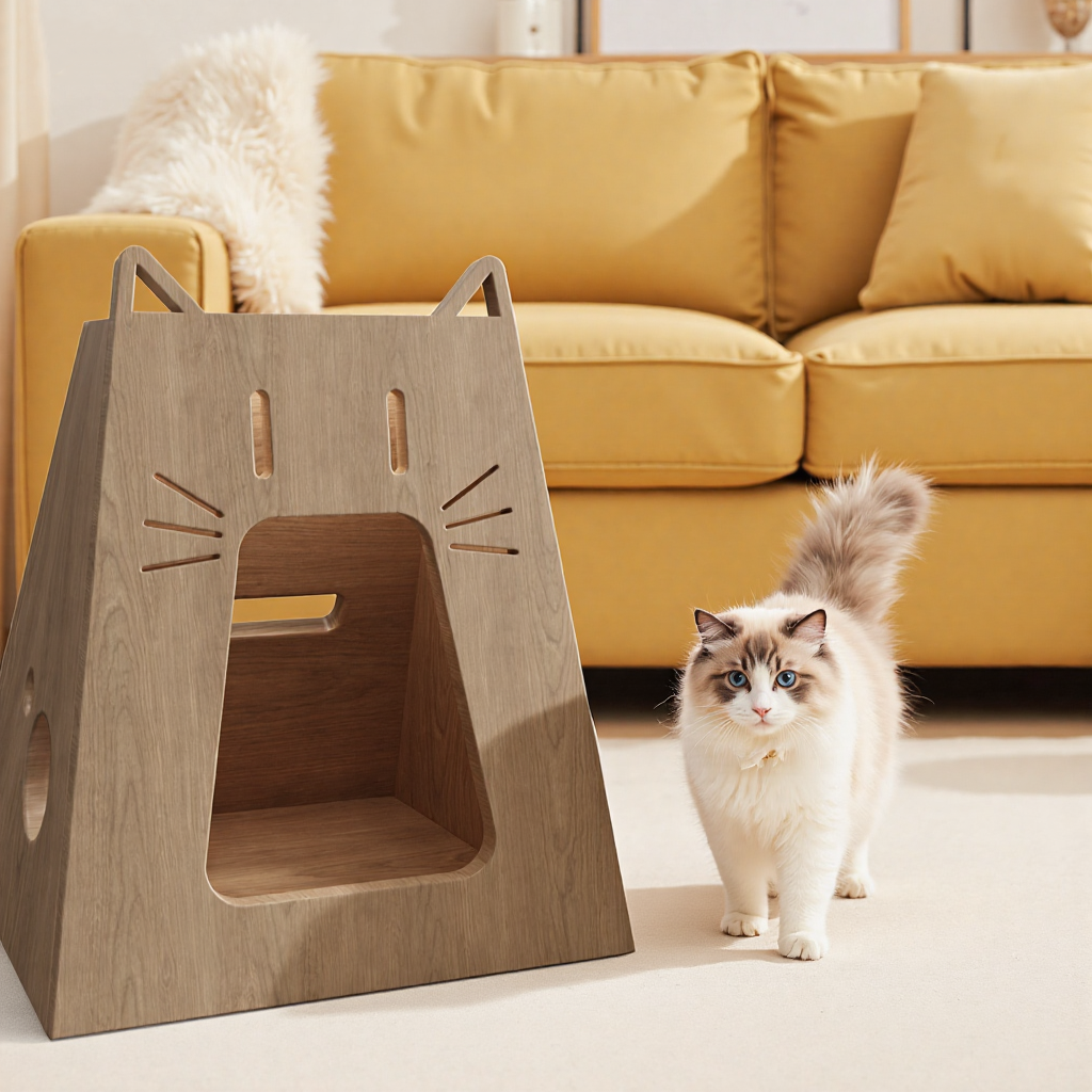 Wooden Cat House with Play Holes | Cute Cat-Shaped Cat Bed