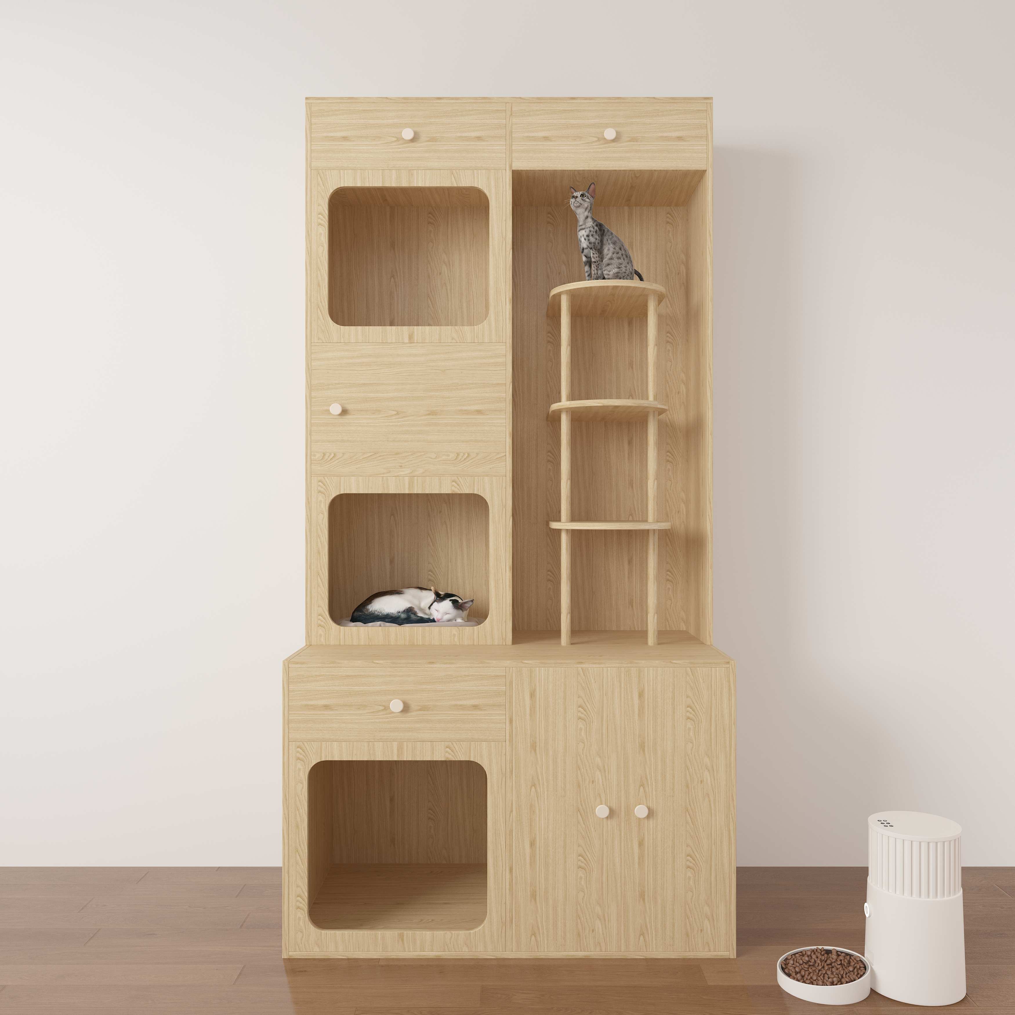 Large Wooden Cat House Cabinet | Multi-Level Cat Tree with Storage & Litter Box Enclosure
