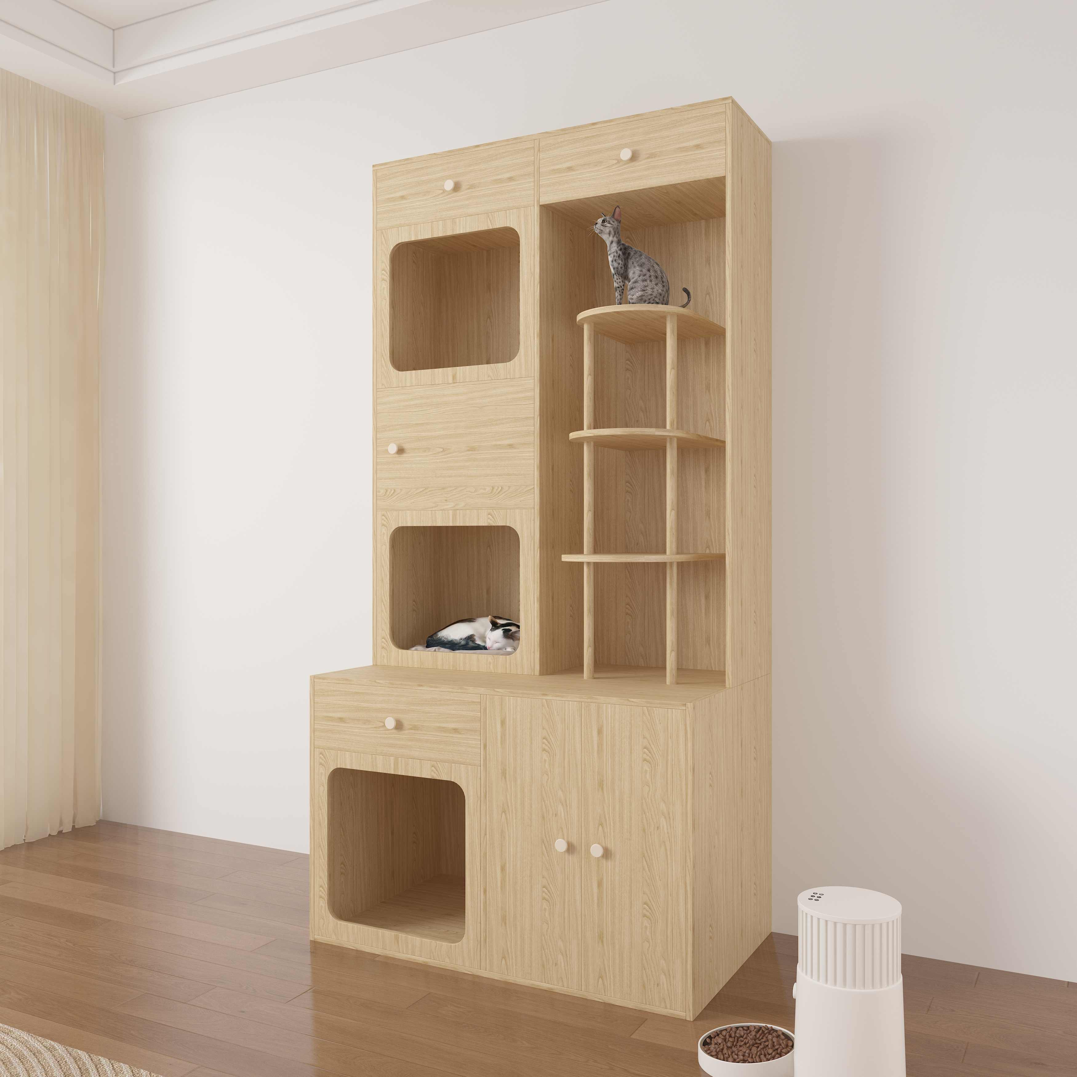 Large Wooden Cat House Cabinet | Multi-Level Cat Tree with Storage & Litter Box Enclosure