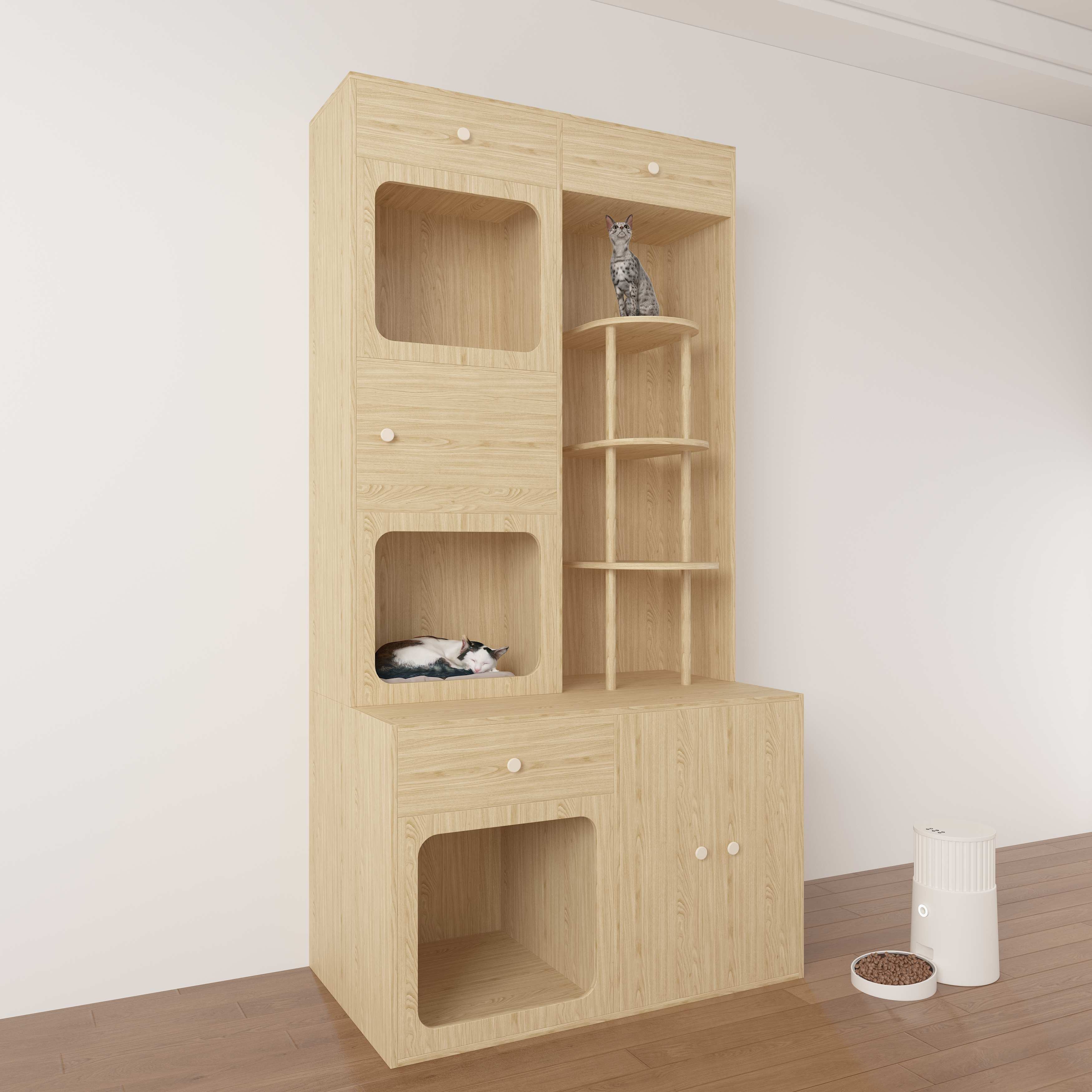 Large Wooden Cat House Cabinet | Multi-Level Cat Tree with Storage & Litter Box Enclosure