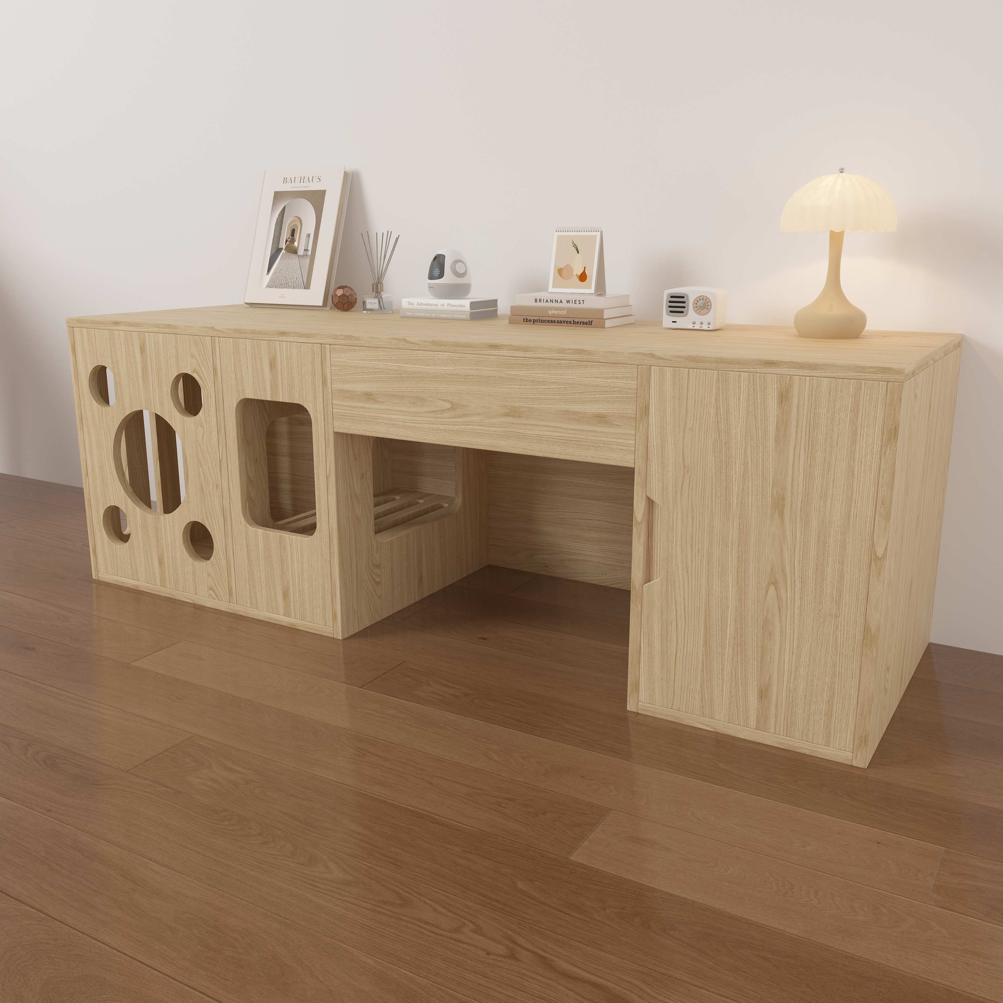 Modern Wooden Cat Litter Box Desk | 2-in-1 Cat House Desk with Hidden Litter Box