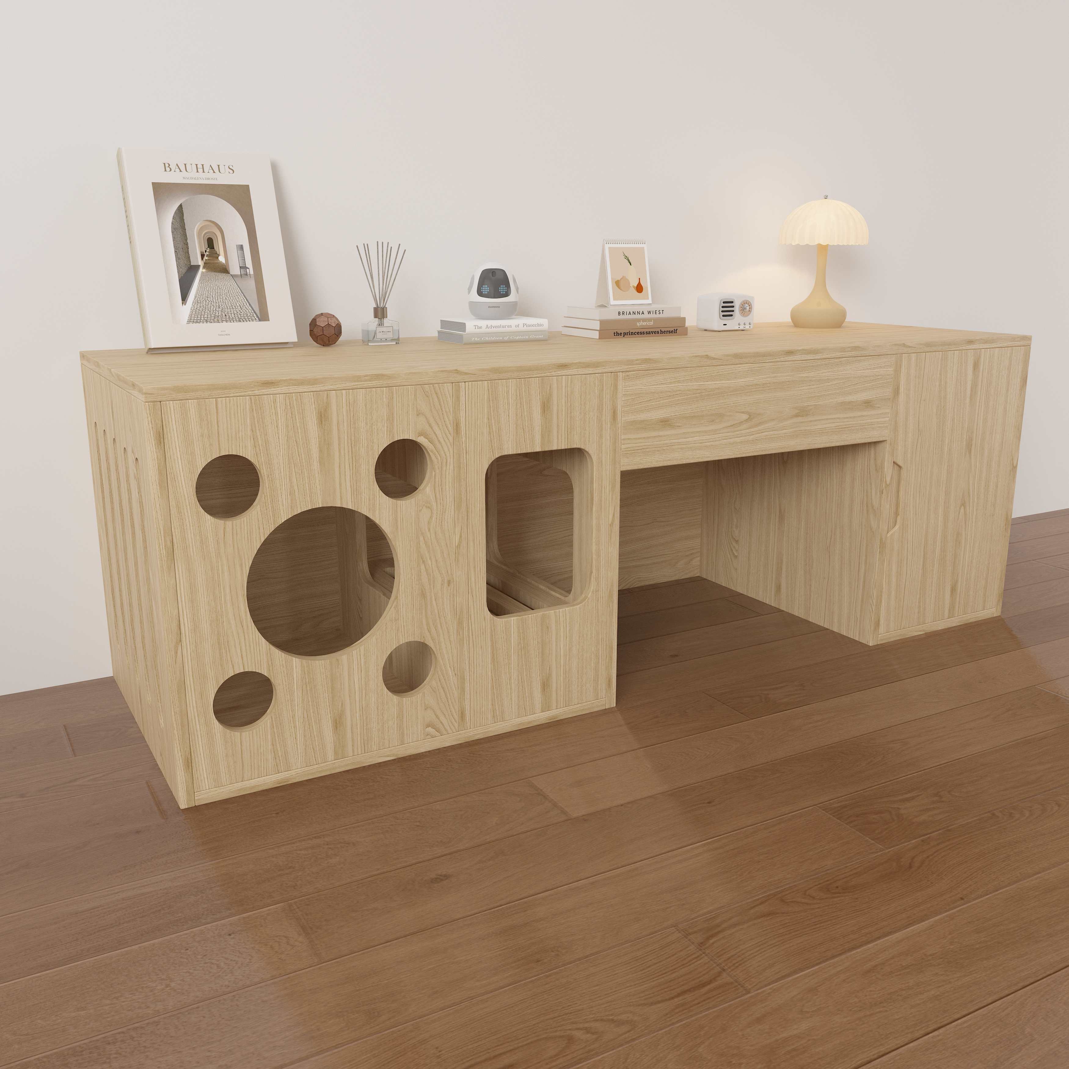 Modern Wooden Cat Litter Box Desk | 2-in-1 Cat House Desk with Hidden Litter Box