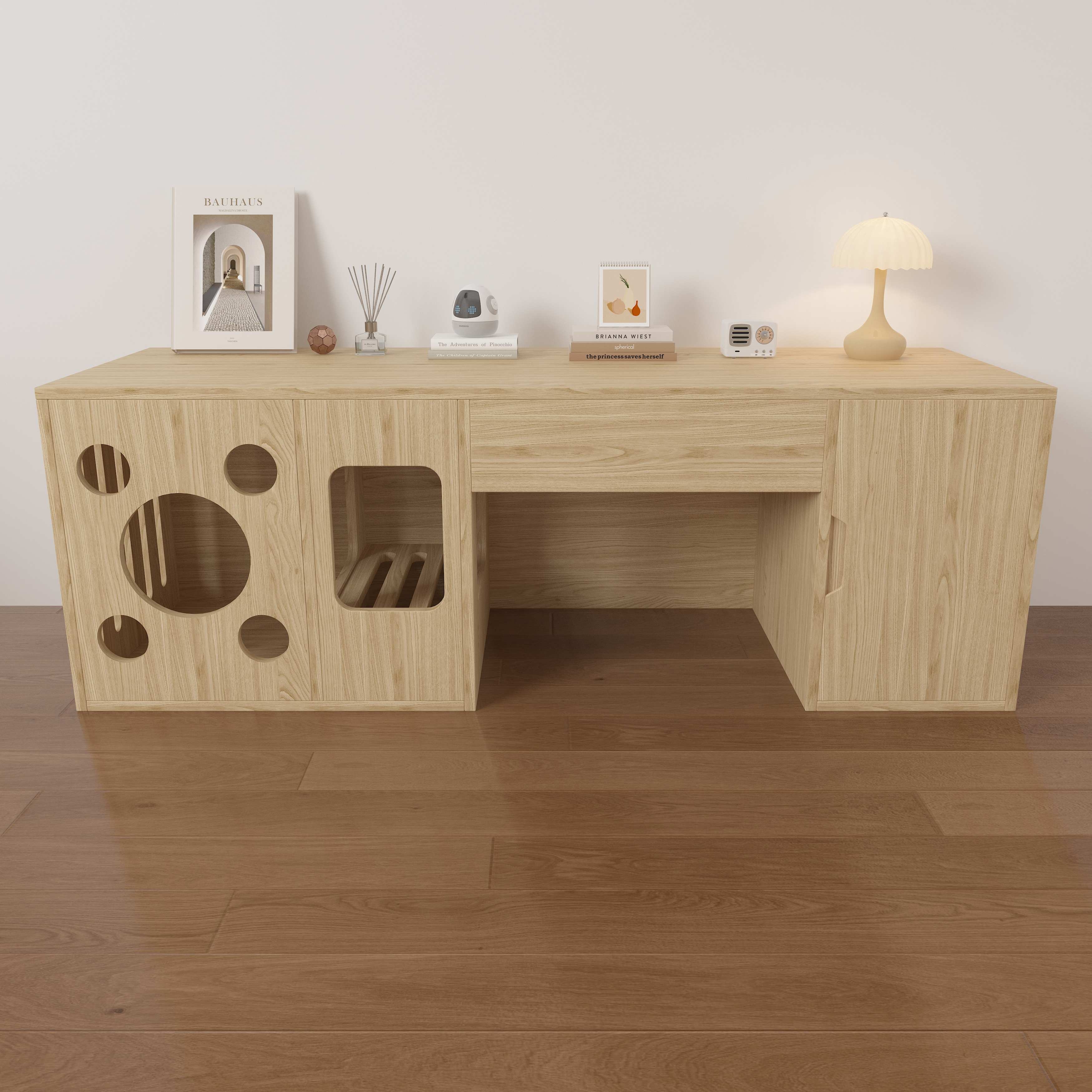 Modern Wooden Cat Litter Box Desk | 2-in-1 Cat House Desk with Hidden Litter Box