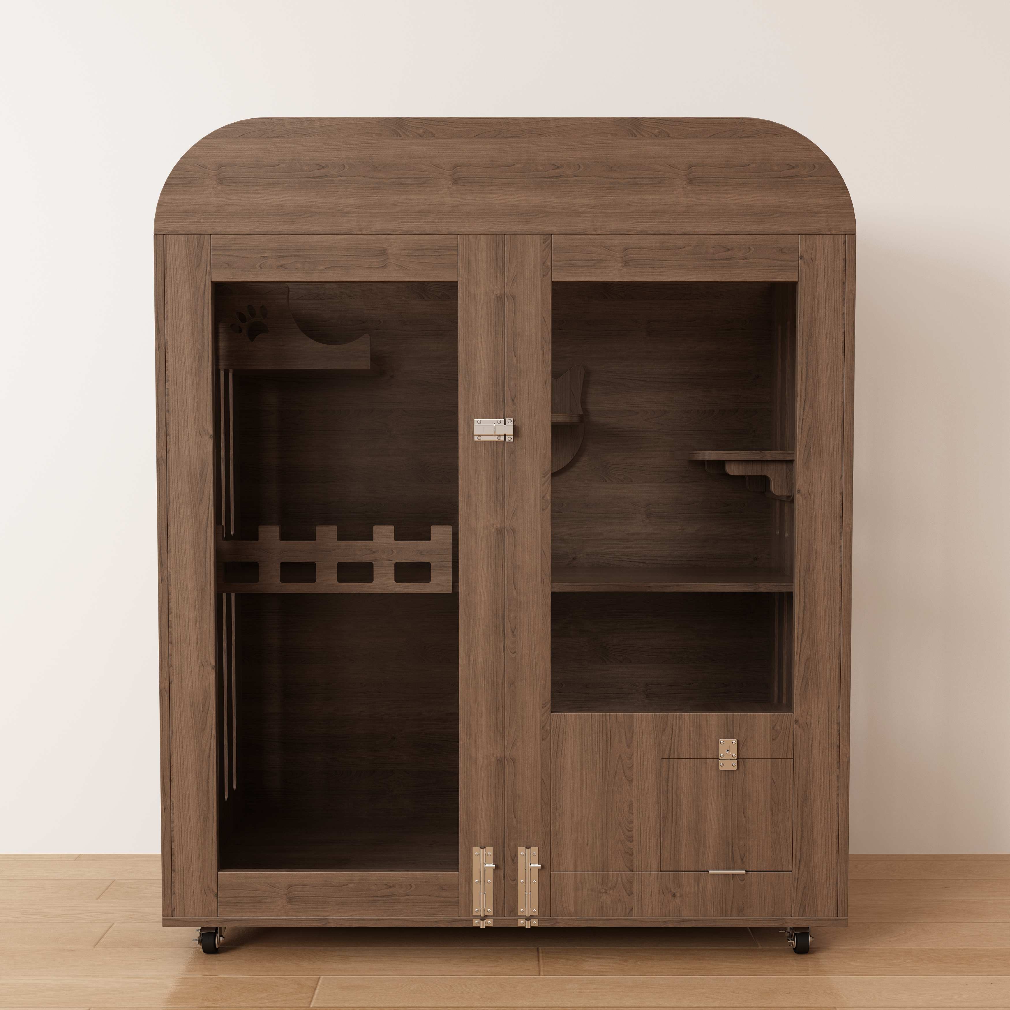 Large Wooden Cat House Cabinet | Mobile Cat Villa with Litter Box & Perches