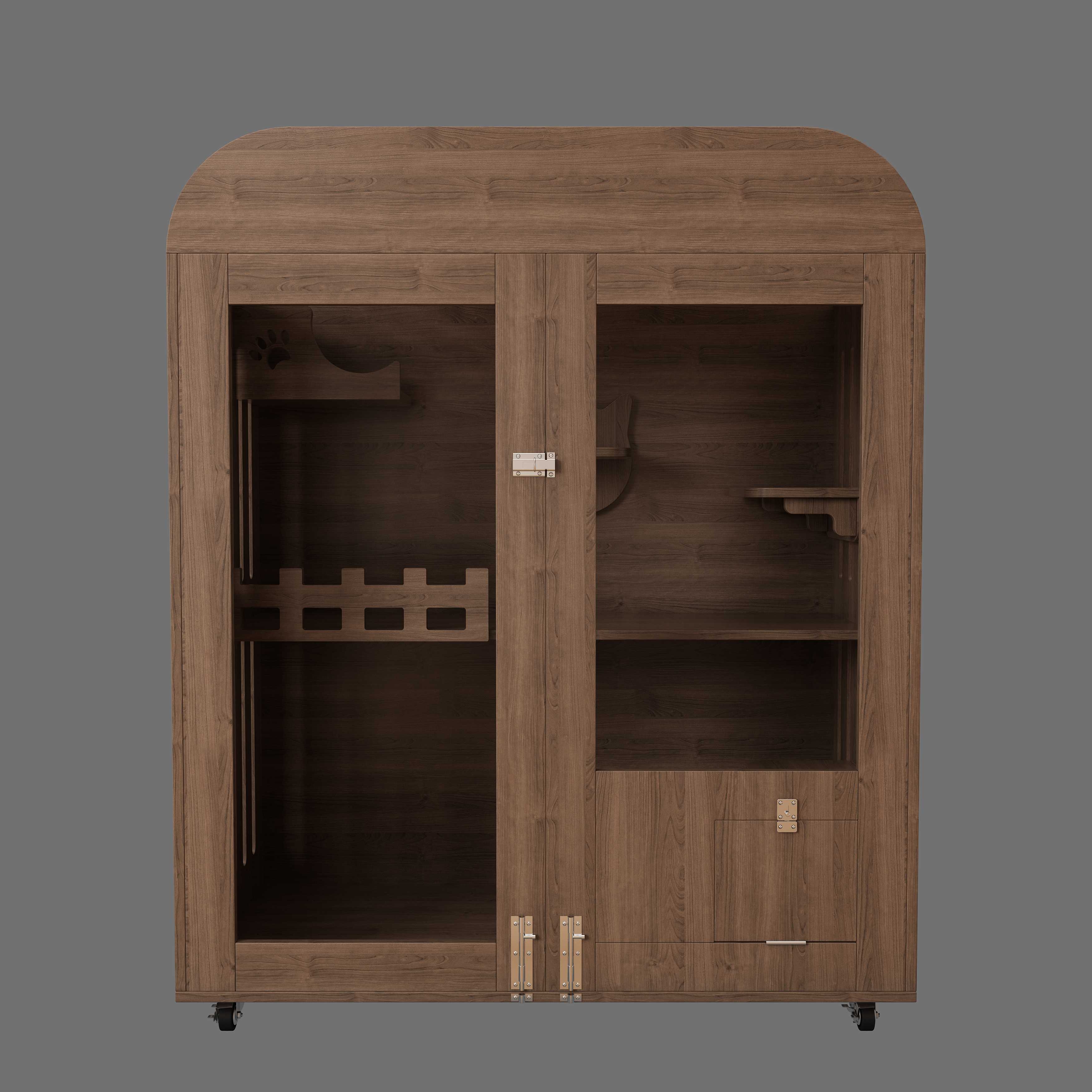 Large Wooden Cat House Cabinet | Mobile Cat Villa with Litter Box & Perches