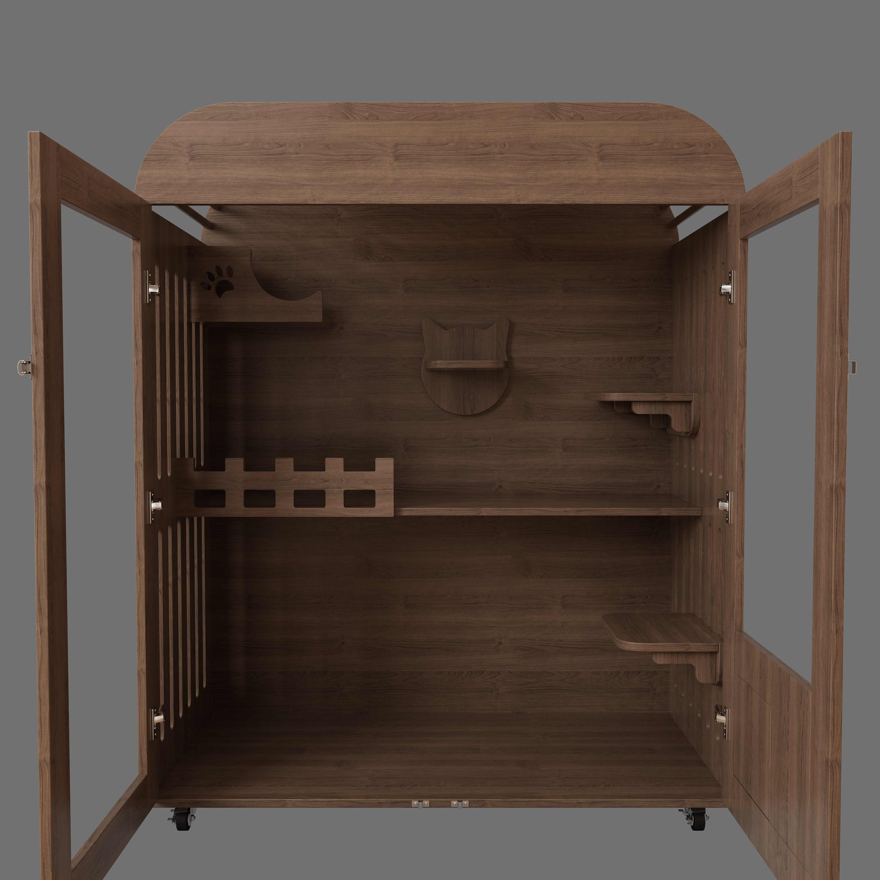 Large Wooden Cat House Cabinet | Mobile Cat Villa with Litter Box & Perches