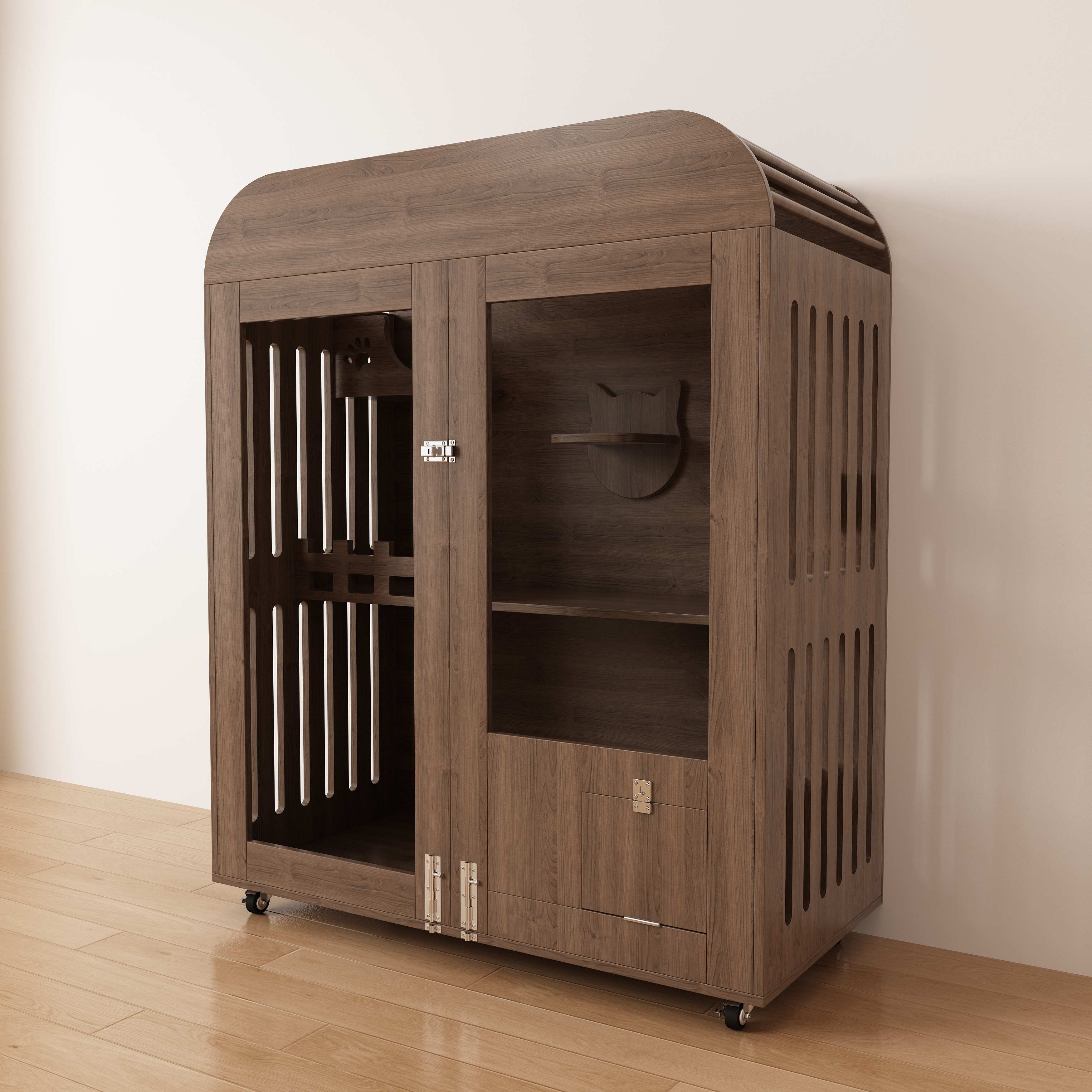 Large Wooden Cat House Cabinet | Mobile Cat Villa with Litter Box & Perches