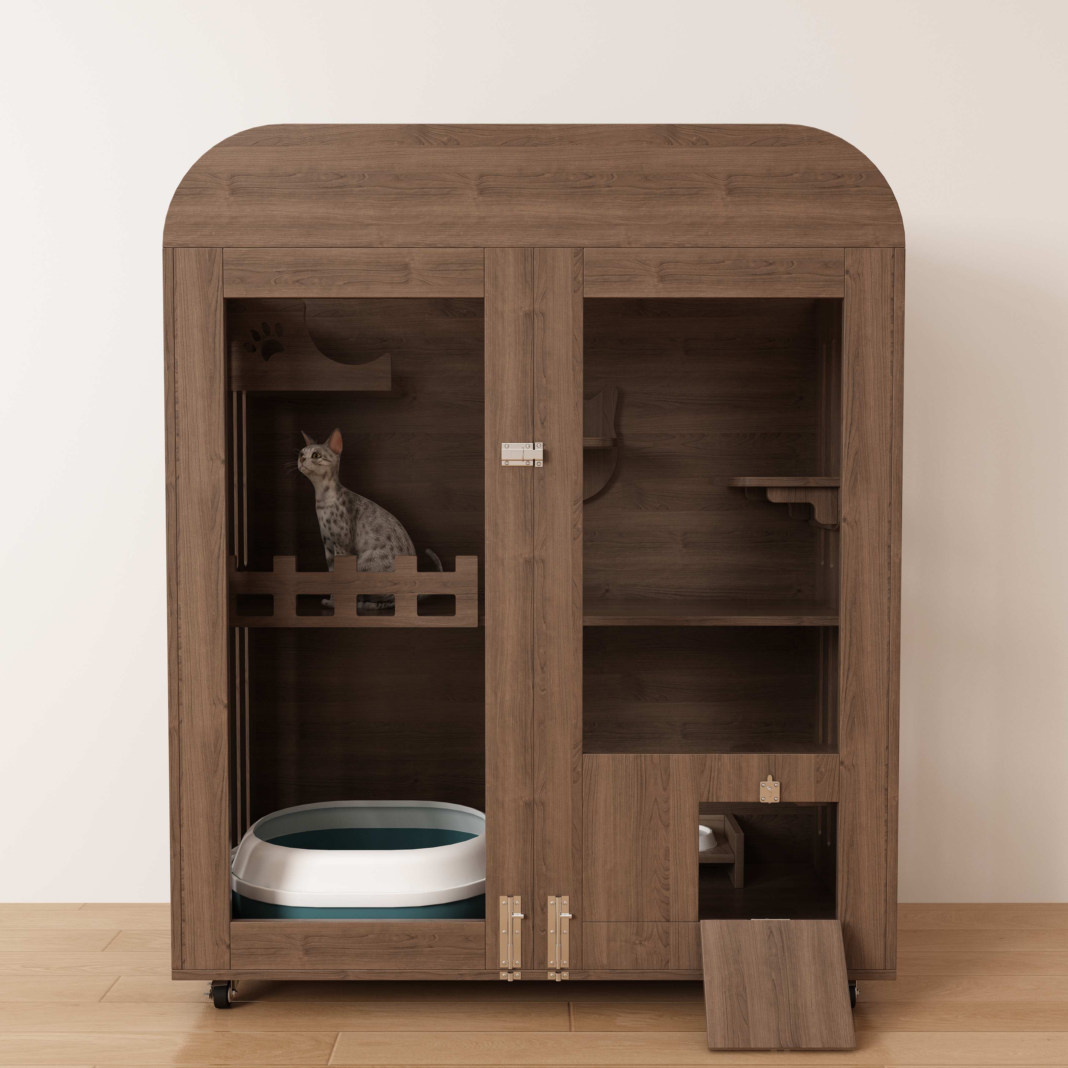 Large Wooden Cat House Cabinet | Mobile Cat Villa with Litter Box & Perches