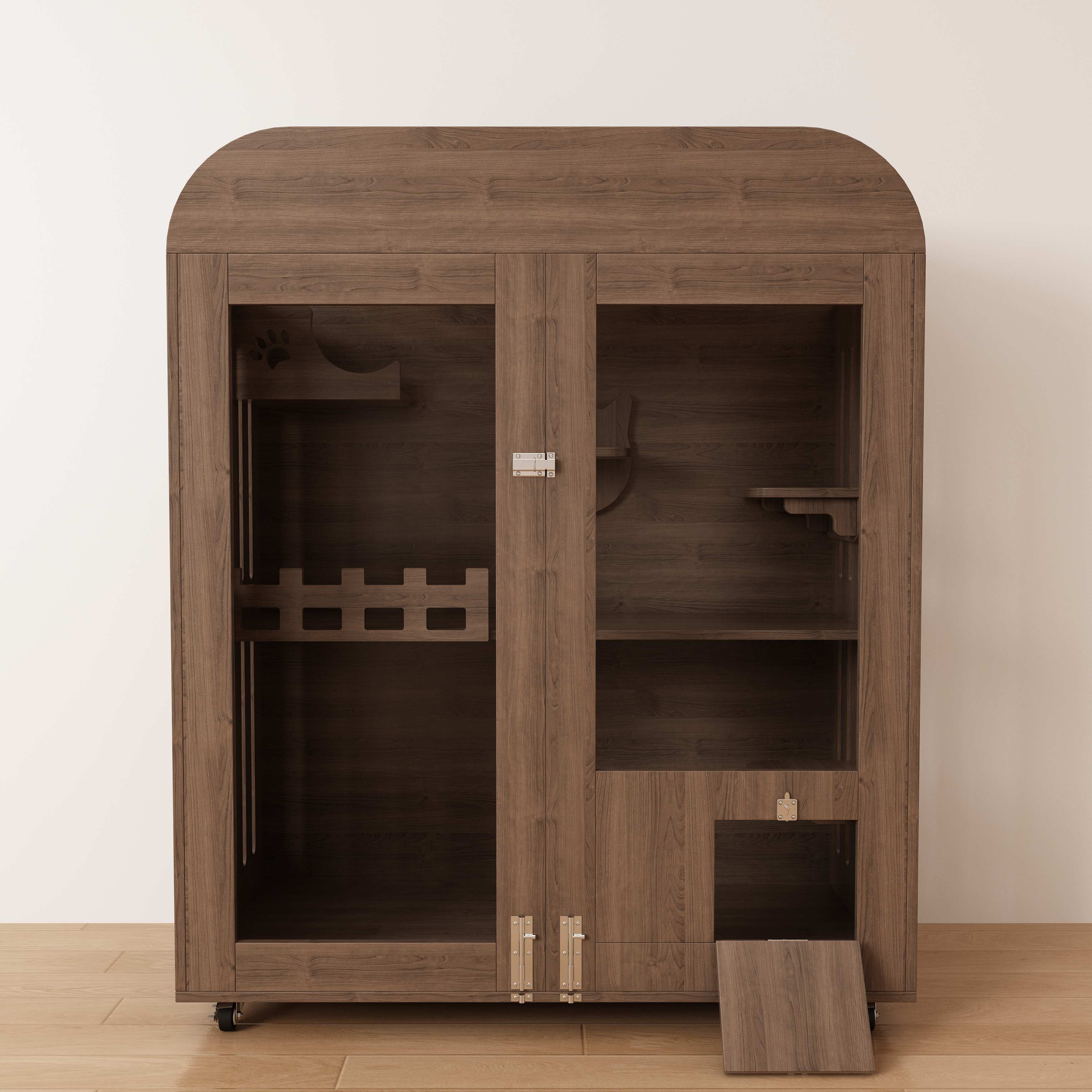 Large Wooden Cat House Cabinet | Mobile Cat Villa with Litter Box & Perches