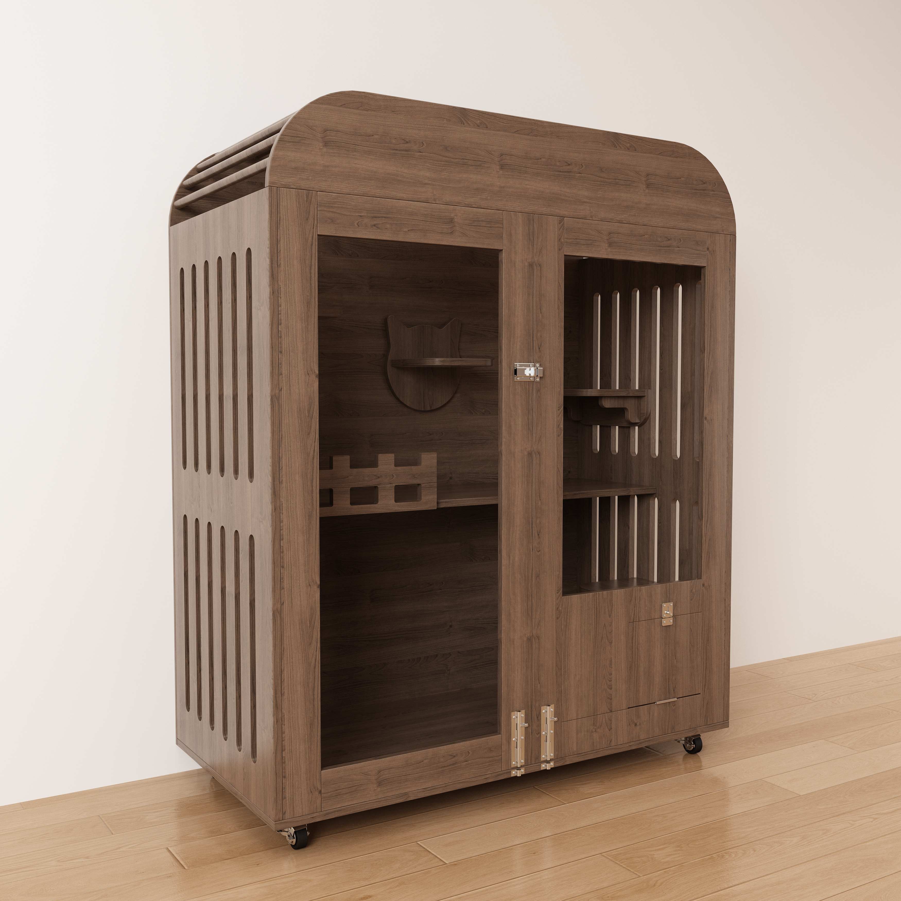 Large Wooden Cat House Cabinet | Mobile Cat Villa with Litter Box & Perches