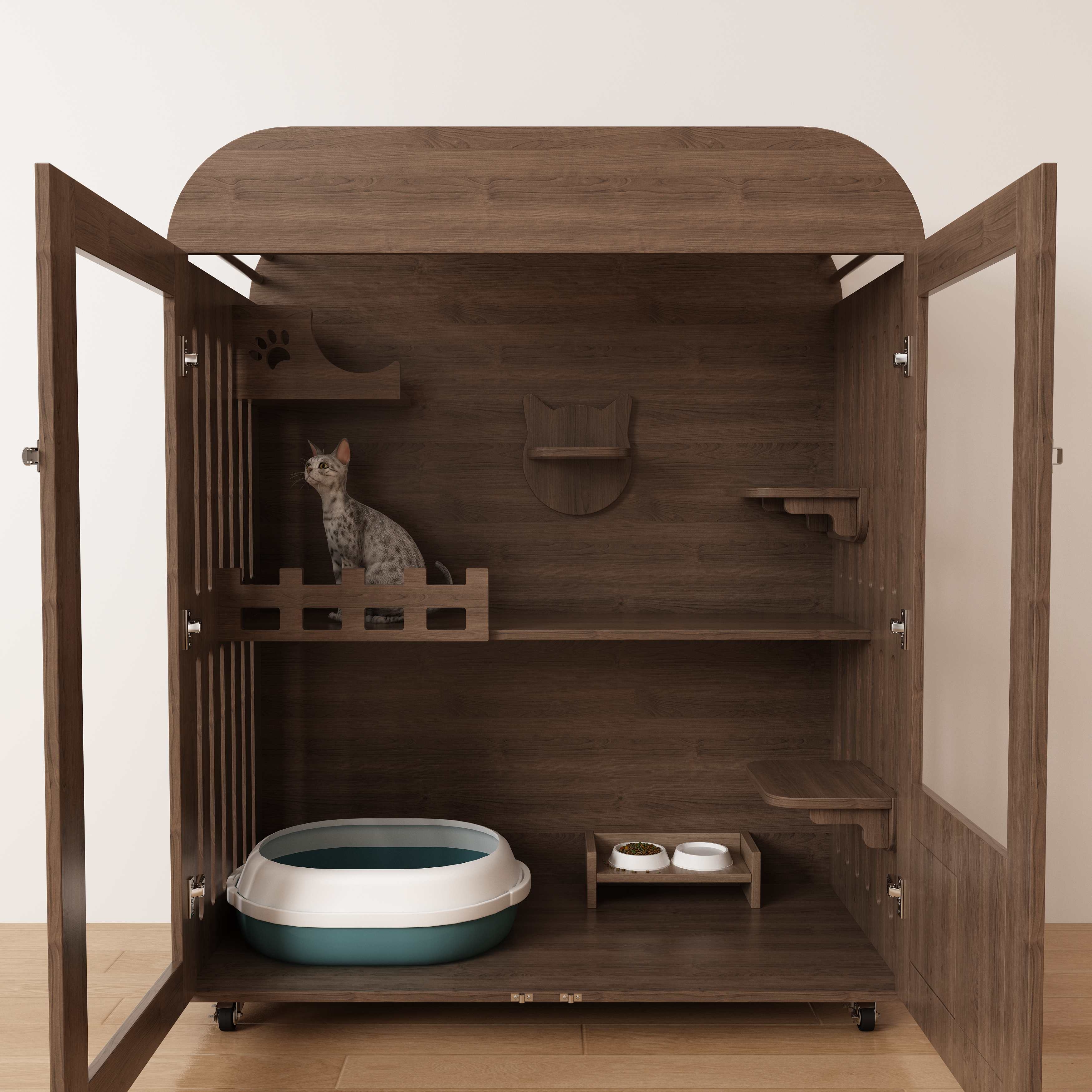 Large Wooden Cat House Cabinet | Mobile Cat Villa with Litter Box & Perches