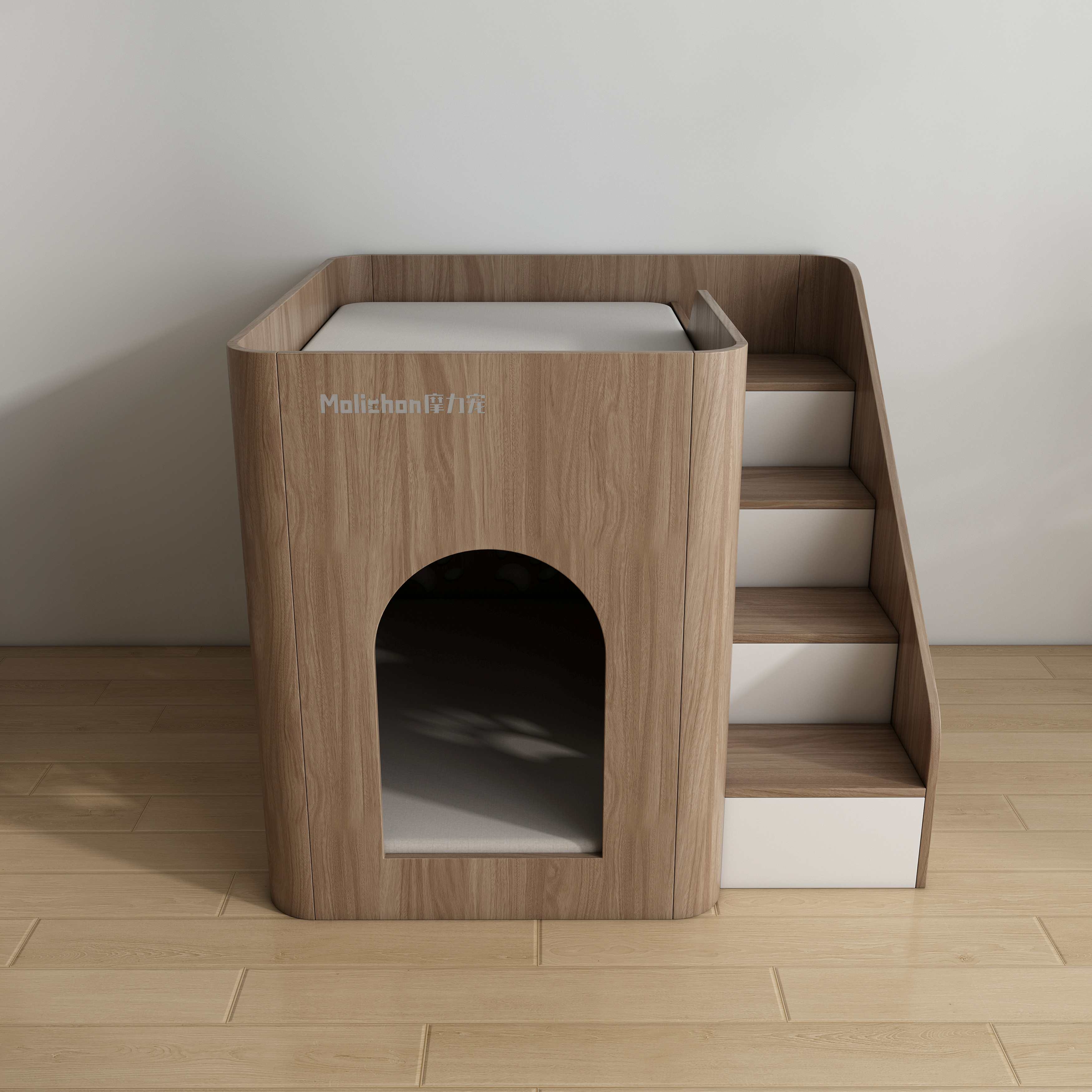 Wooden Dog and Cat House with Stairs | 2-Tier Elevated Pet Bed for Small & Senior Dogs
