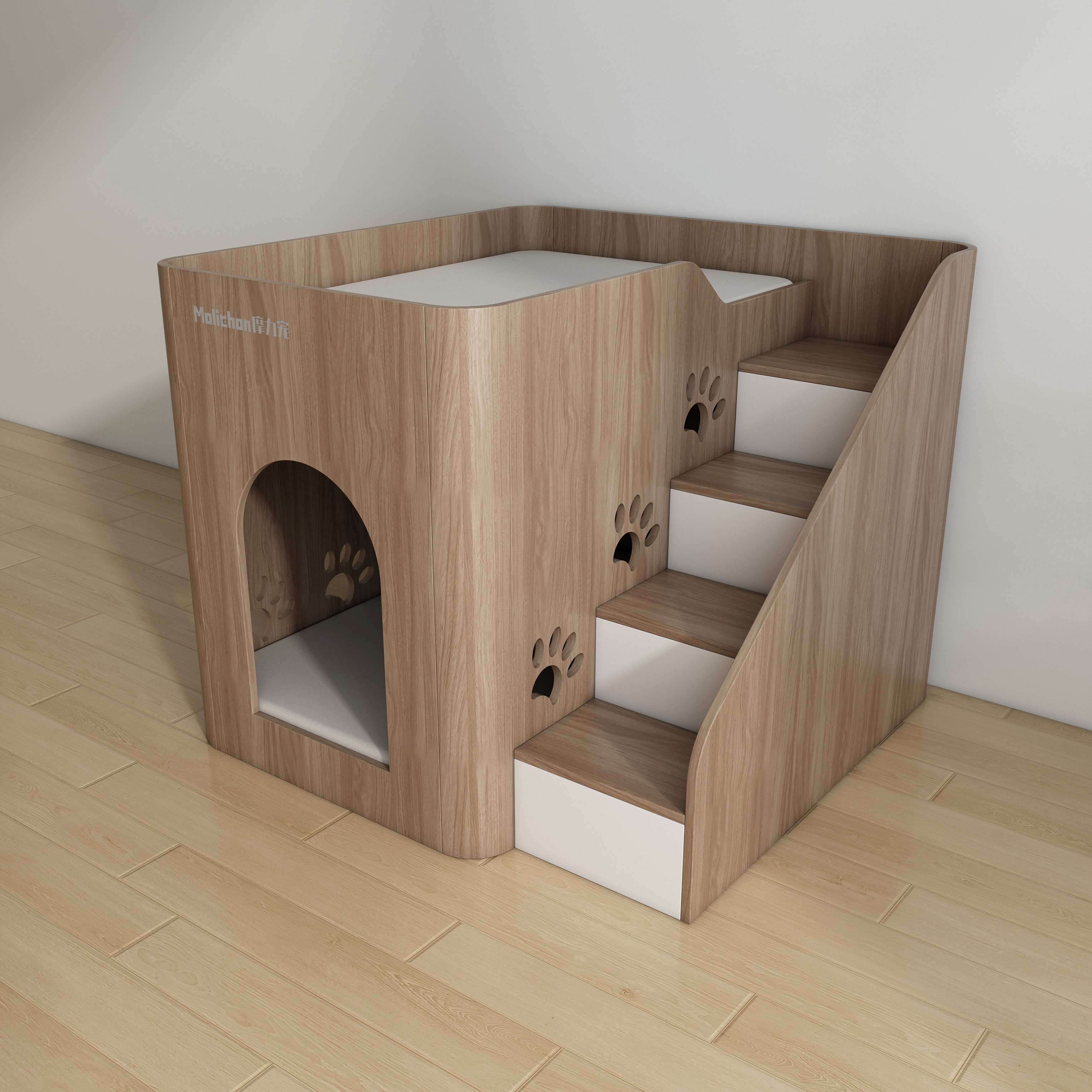Wooden Dog House with Stairs | 2-Tier Elevated Pet Bed for Small & Senior Dogs