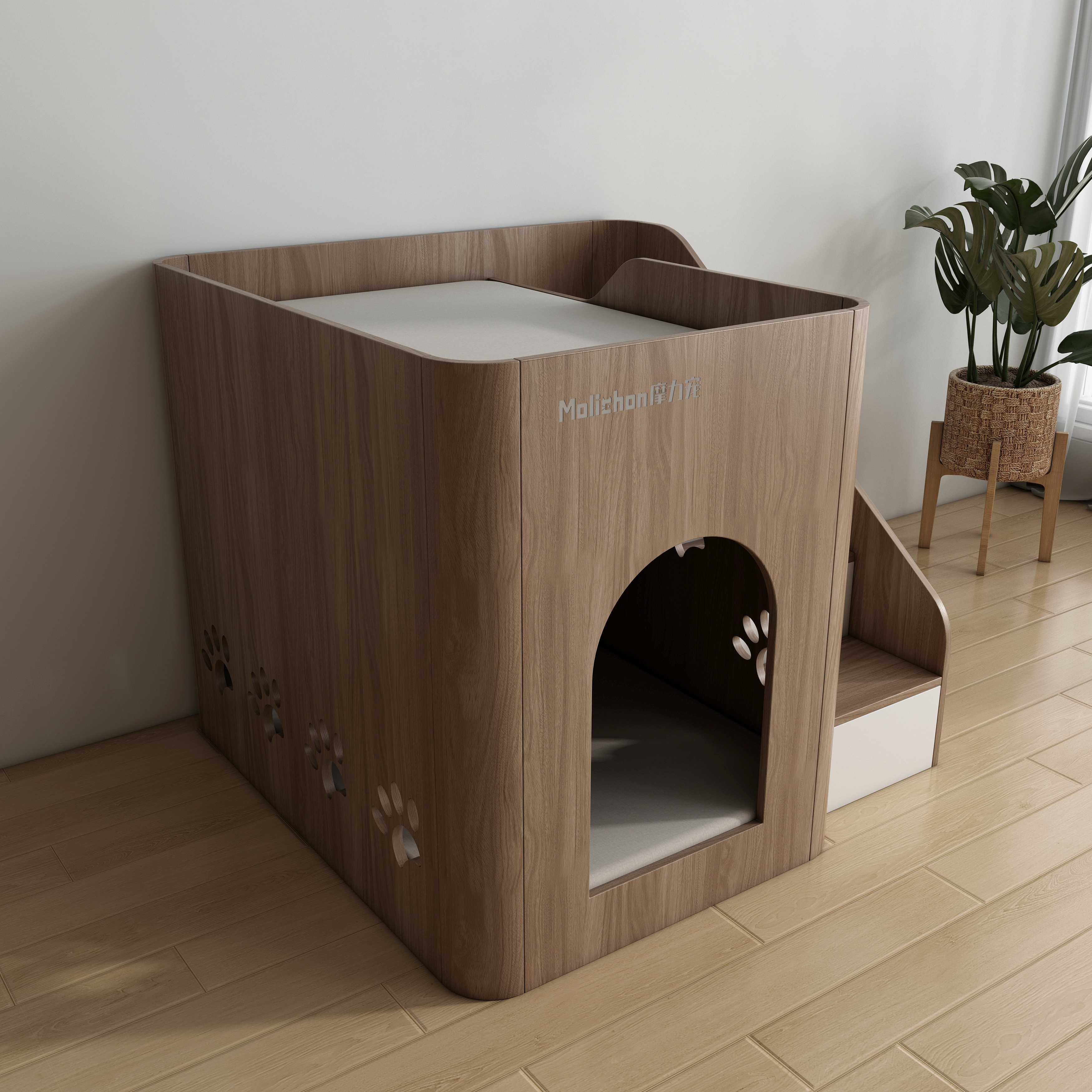 Wooden Dog House with Stairs | 2-Tier Elevated Pet Bed for Small & Senior Dogs