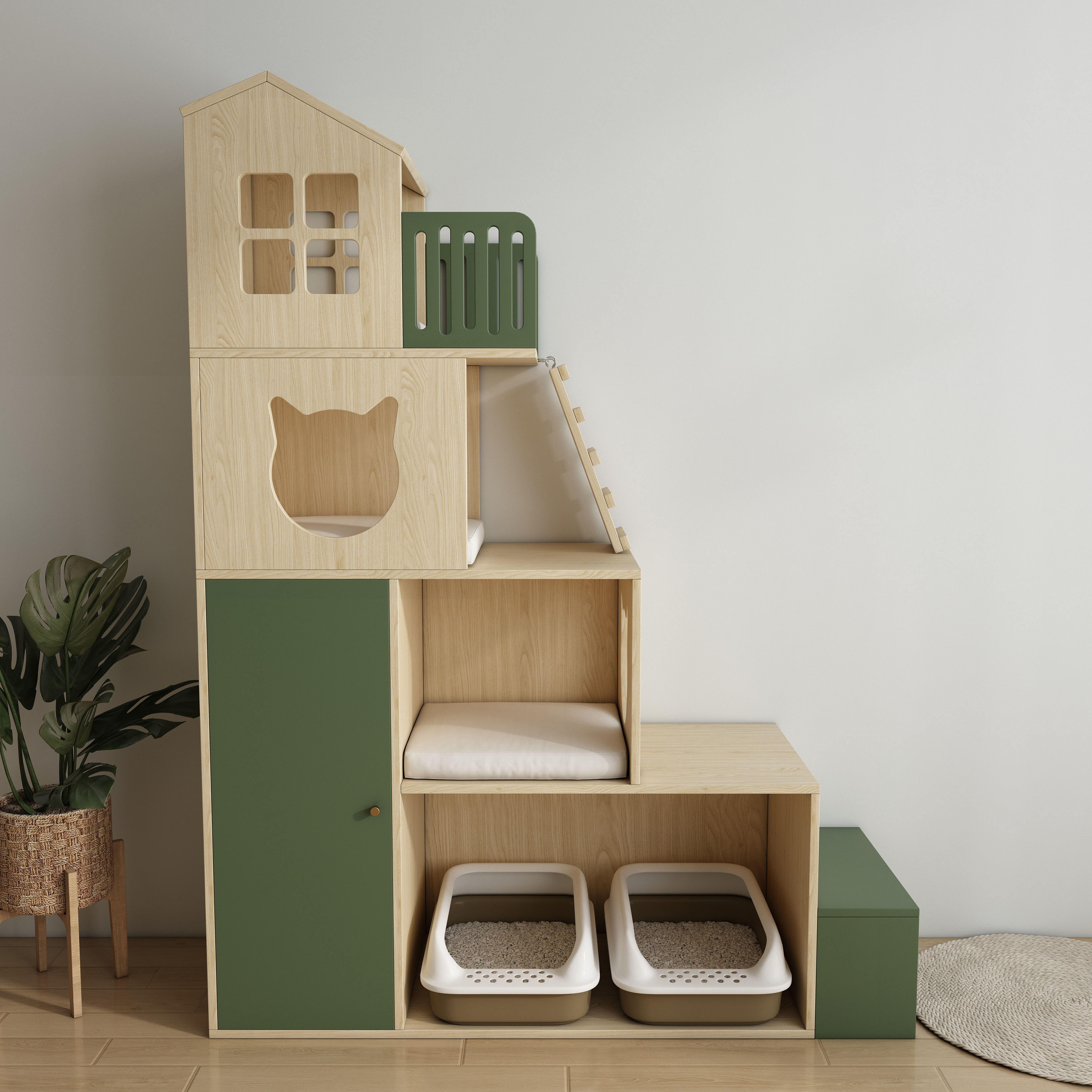 Large Wooden Cat Tree Villa | Multi-Level Cat House with Double Litter Box Enclosure