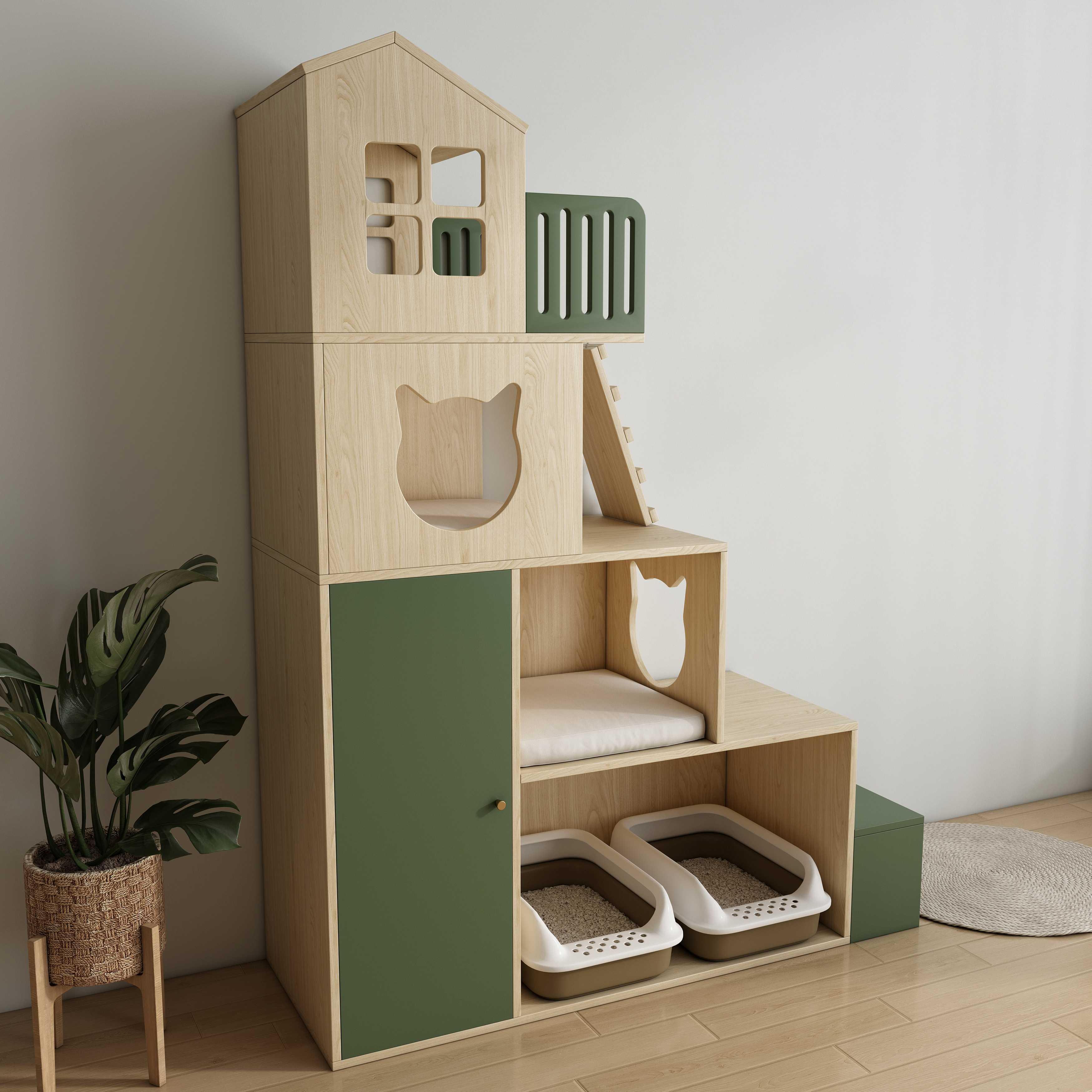 Large Wooden Cat Tree Villa | Multi-Level Cat House with Double Litter Box Enclosure