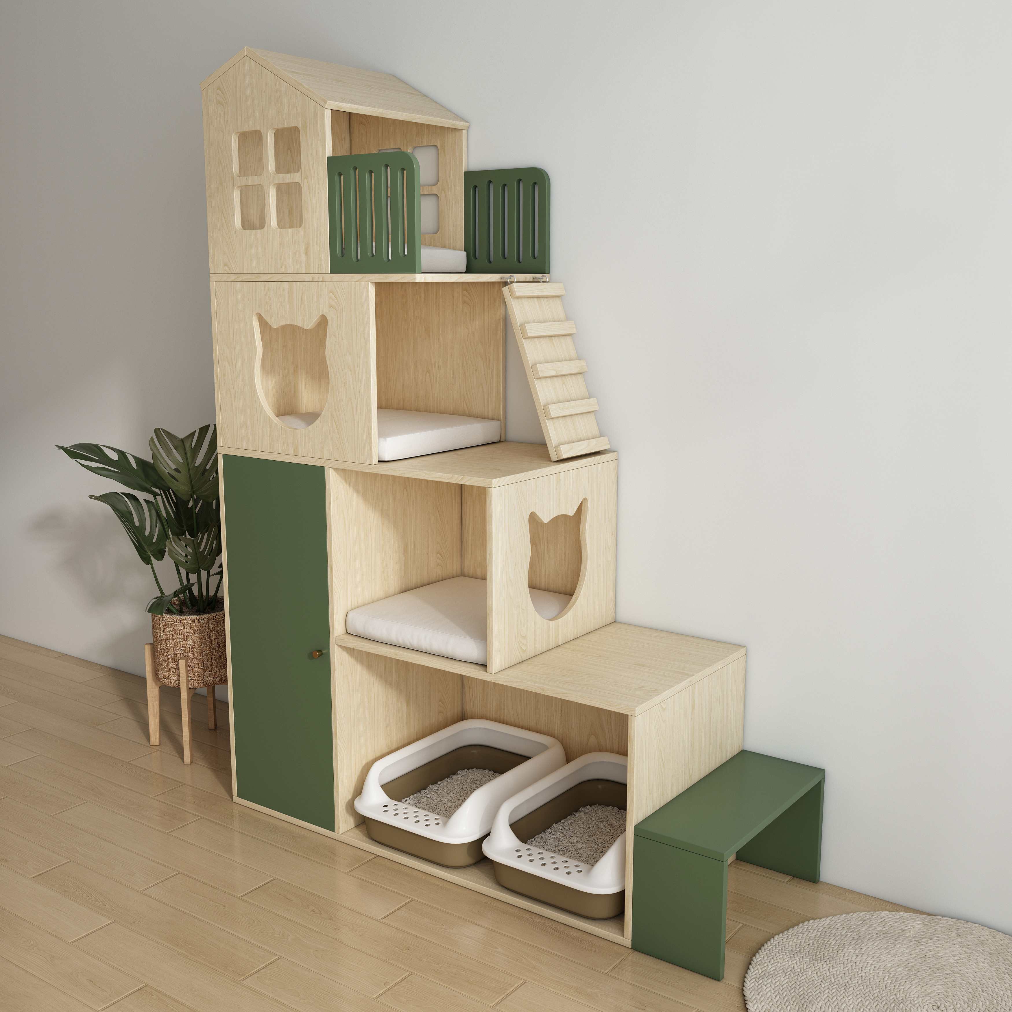 Large Wooden Cat Tree Villa | Multi-Level Cat House with Double Litter Box Enclosure