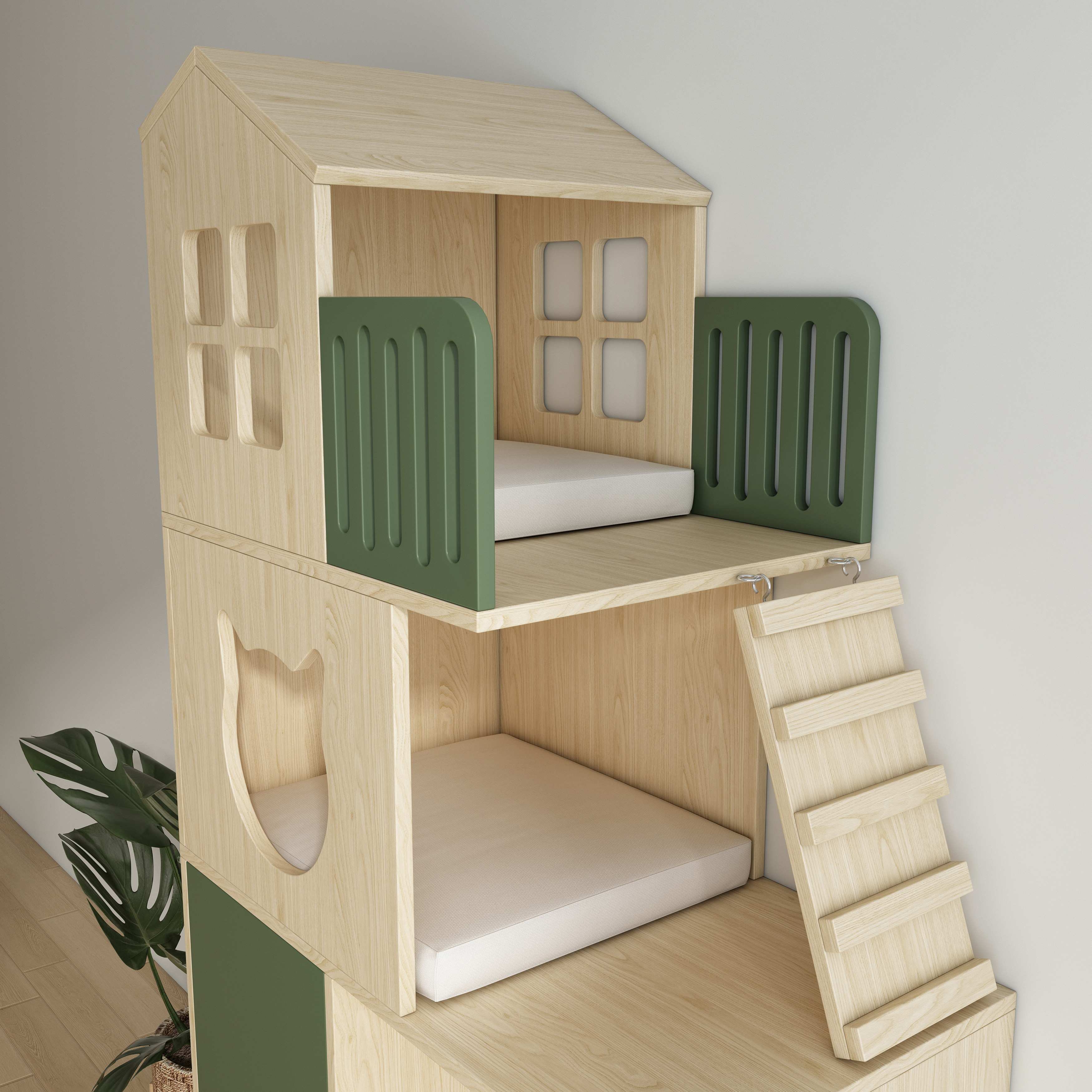 Large Wooden Cat Tree Villa | Multi-Level Cat House with Double Litter Box Enclosure