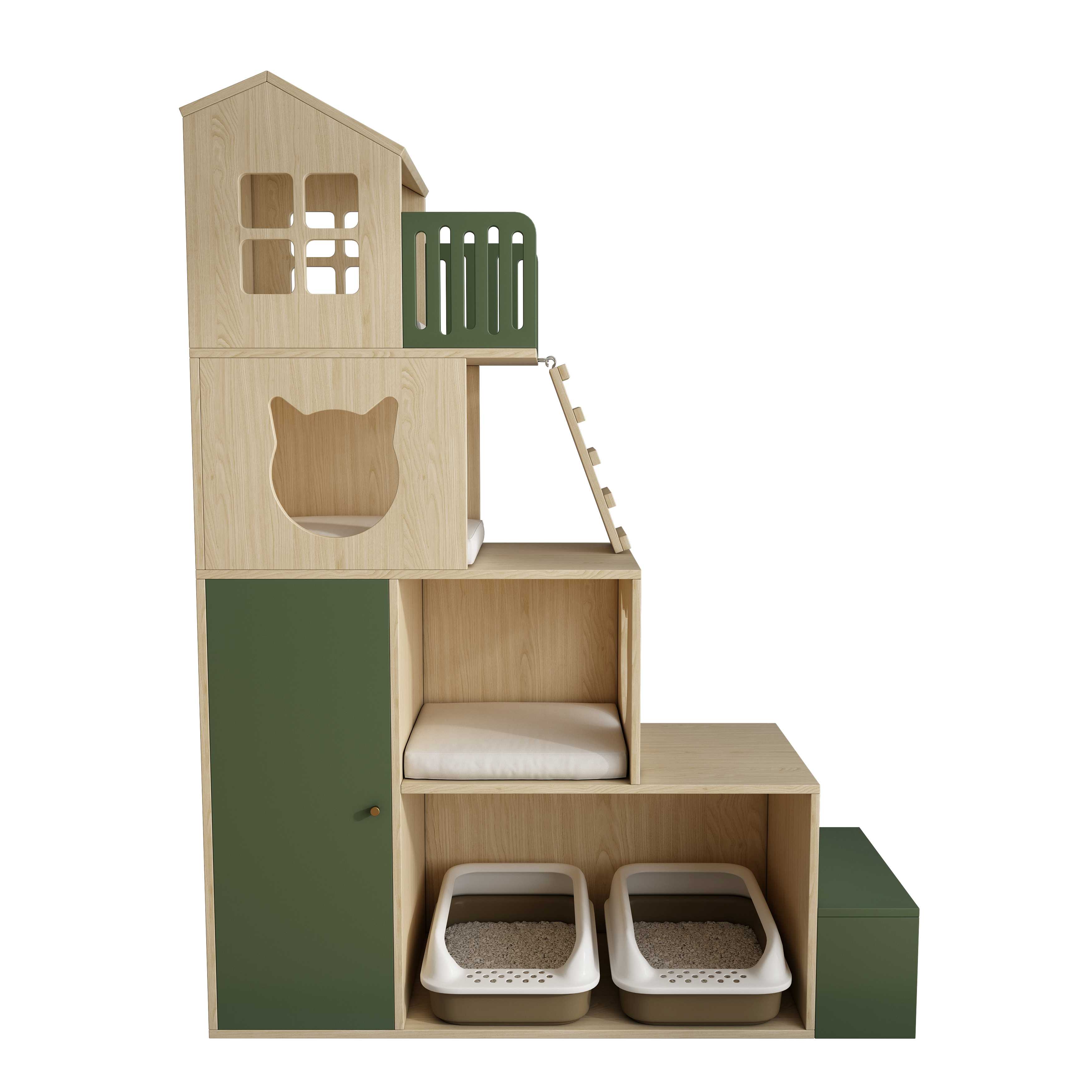 Large Wooden Cat Tree Villa | Multi-Level Cat House with Double Litter Box Enclosure