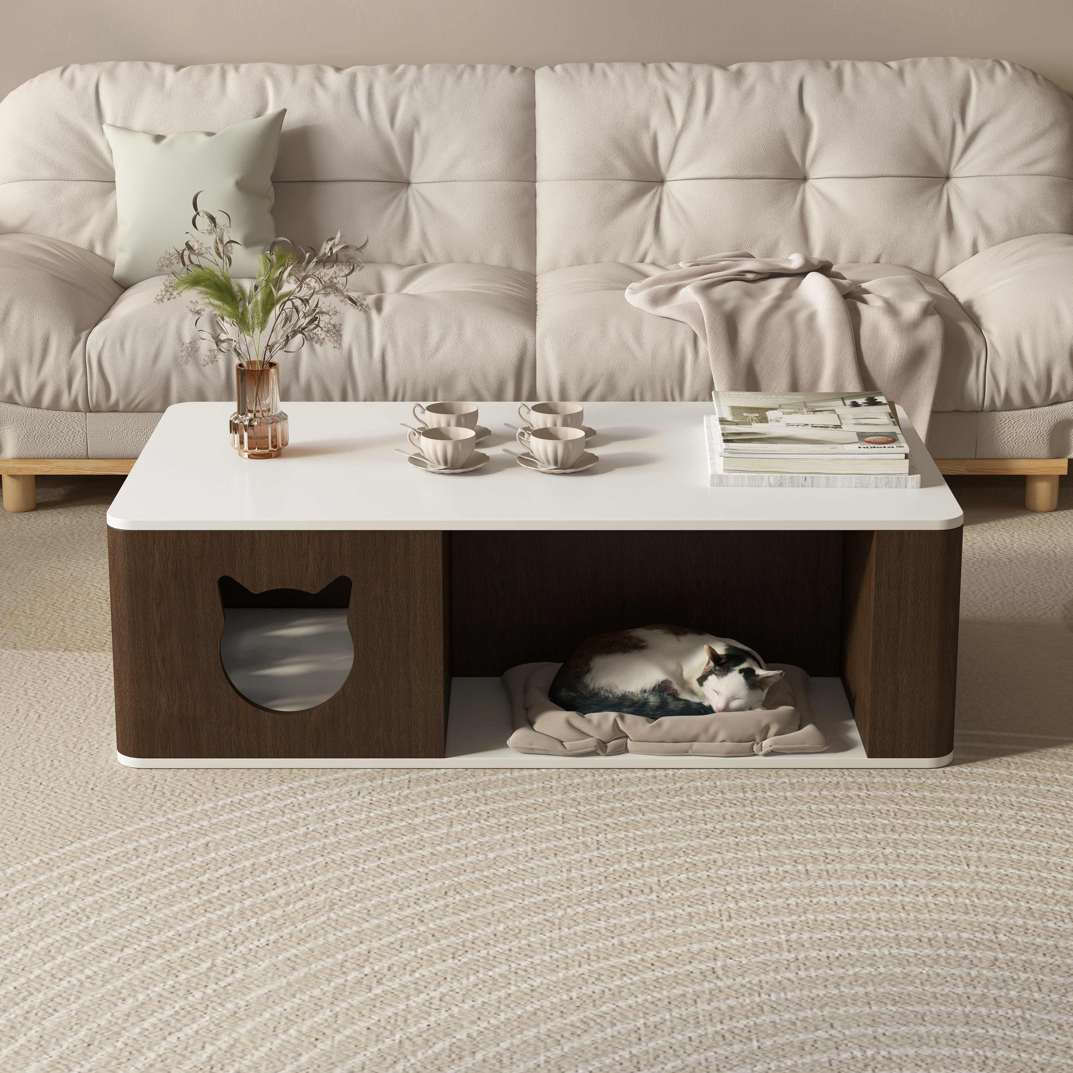 Modern Cat House Coffee Table | 2-in-1 Hidden Cat Bed Living Room Table