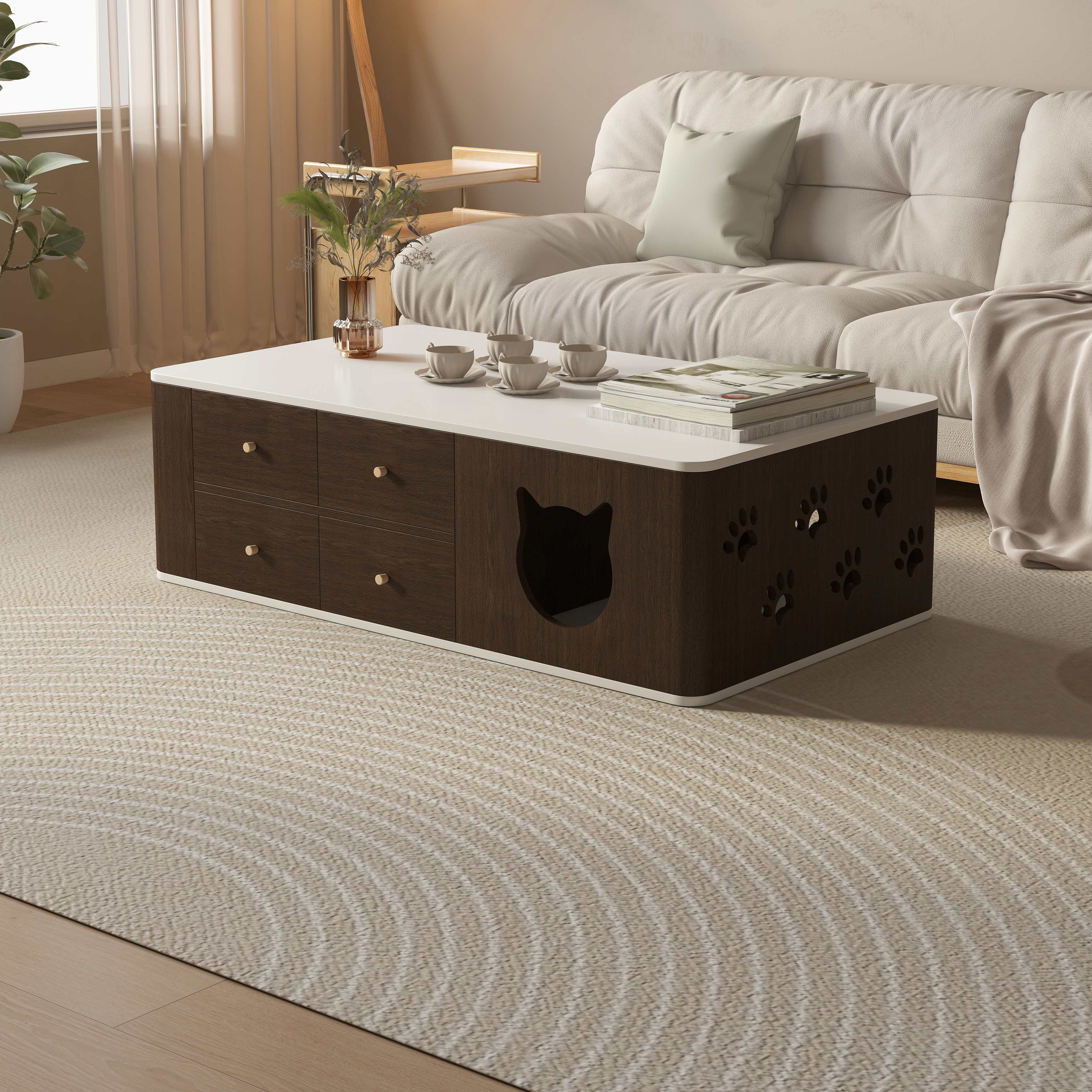 Modern Cat House Coffee Table | 2-in-1 Hidden Cat Bed Living Room Table