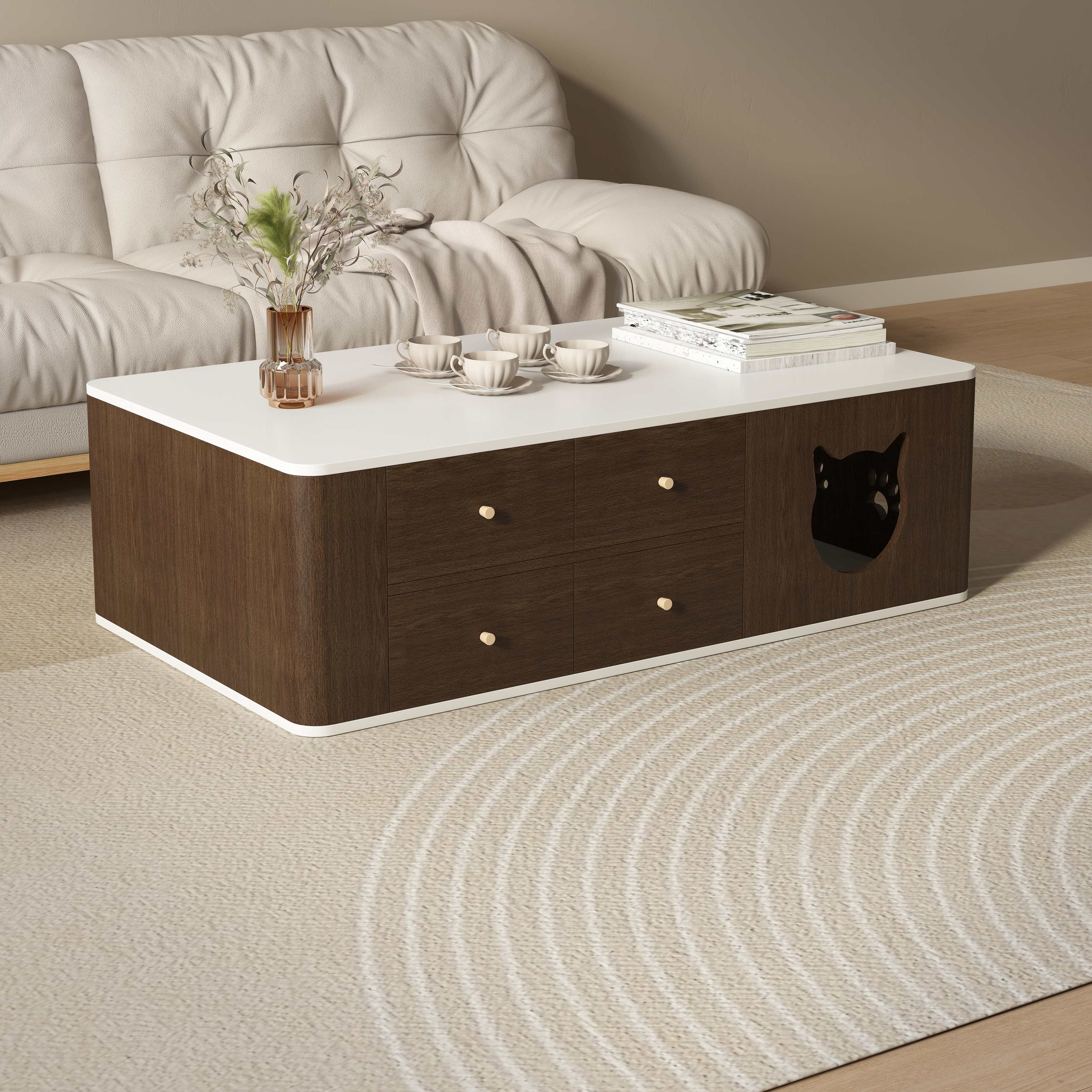 Modern Cat House Coffee Table | 2-in-1 Hidden Cat Bed Living Room Table