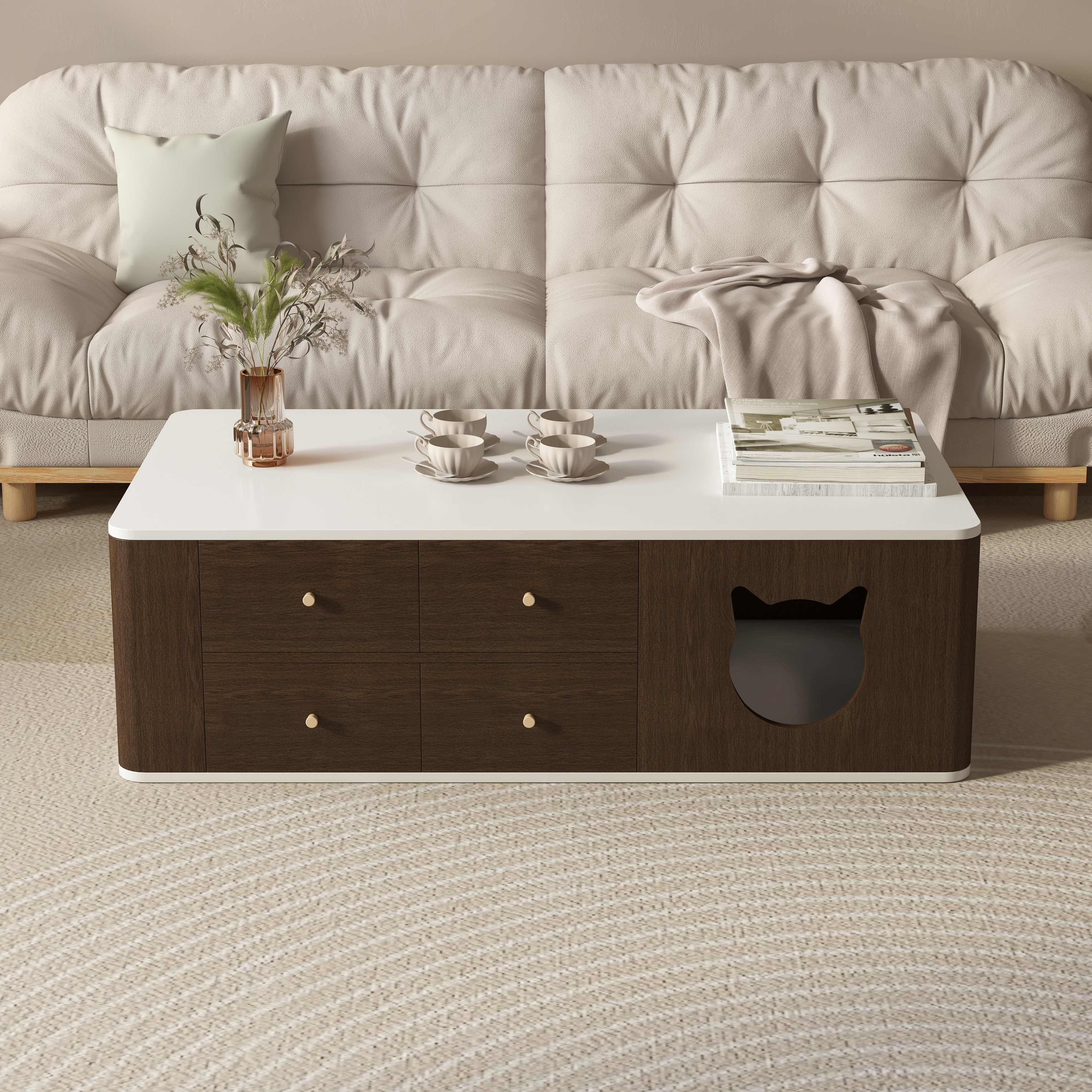 Modern Cat House Coffee Table | 2-in-1 Hidden Cat Bed Living Room Table