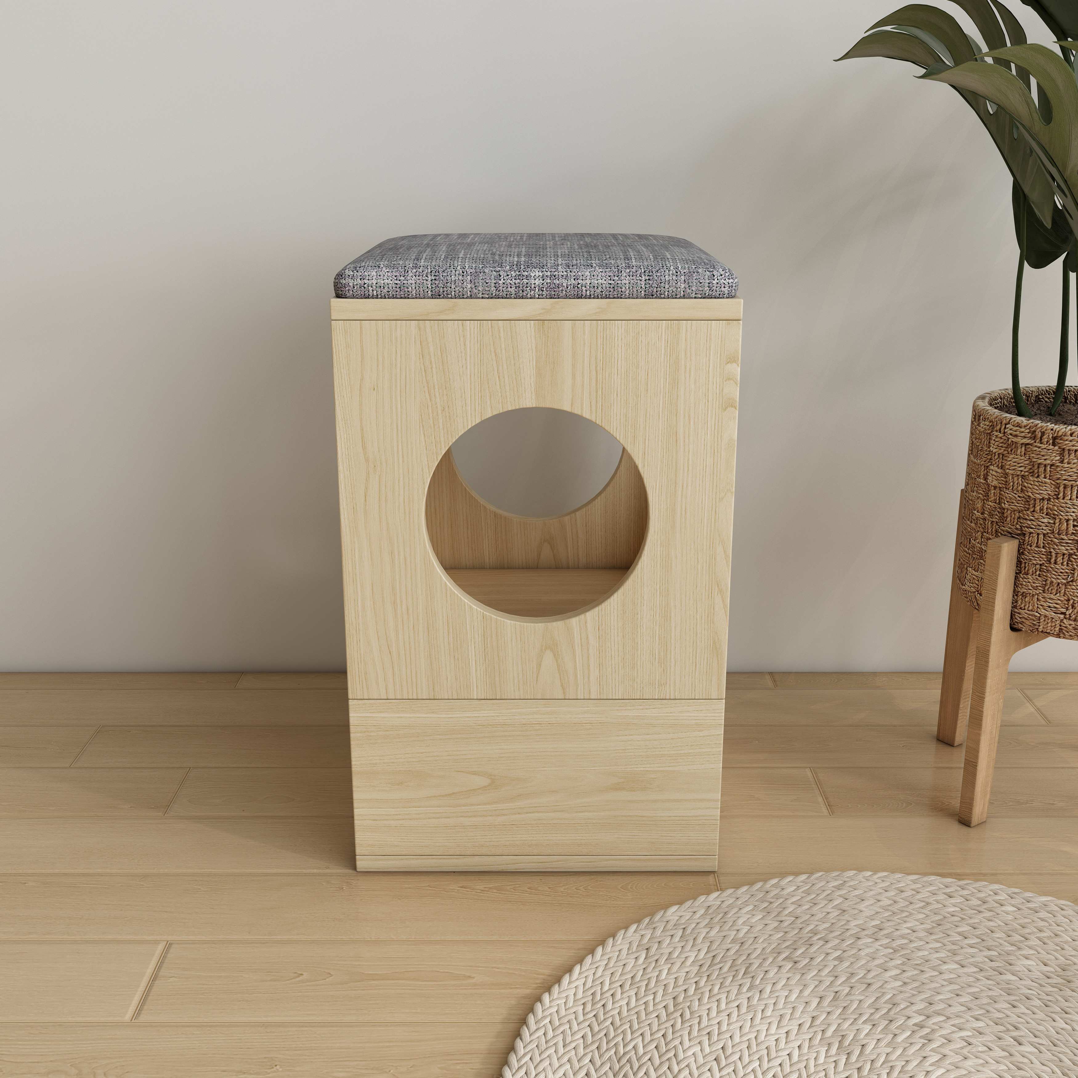 Wooden Cat House Stool | 2-in-1 Hidden Cat Bed Ottoman for Small Spaces