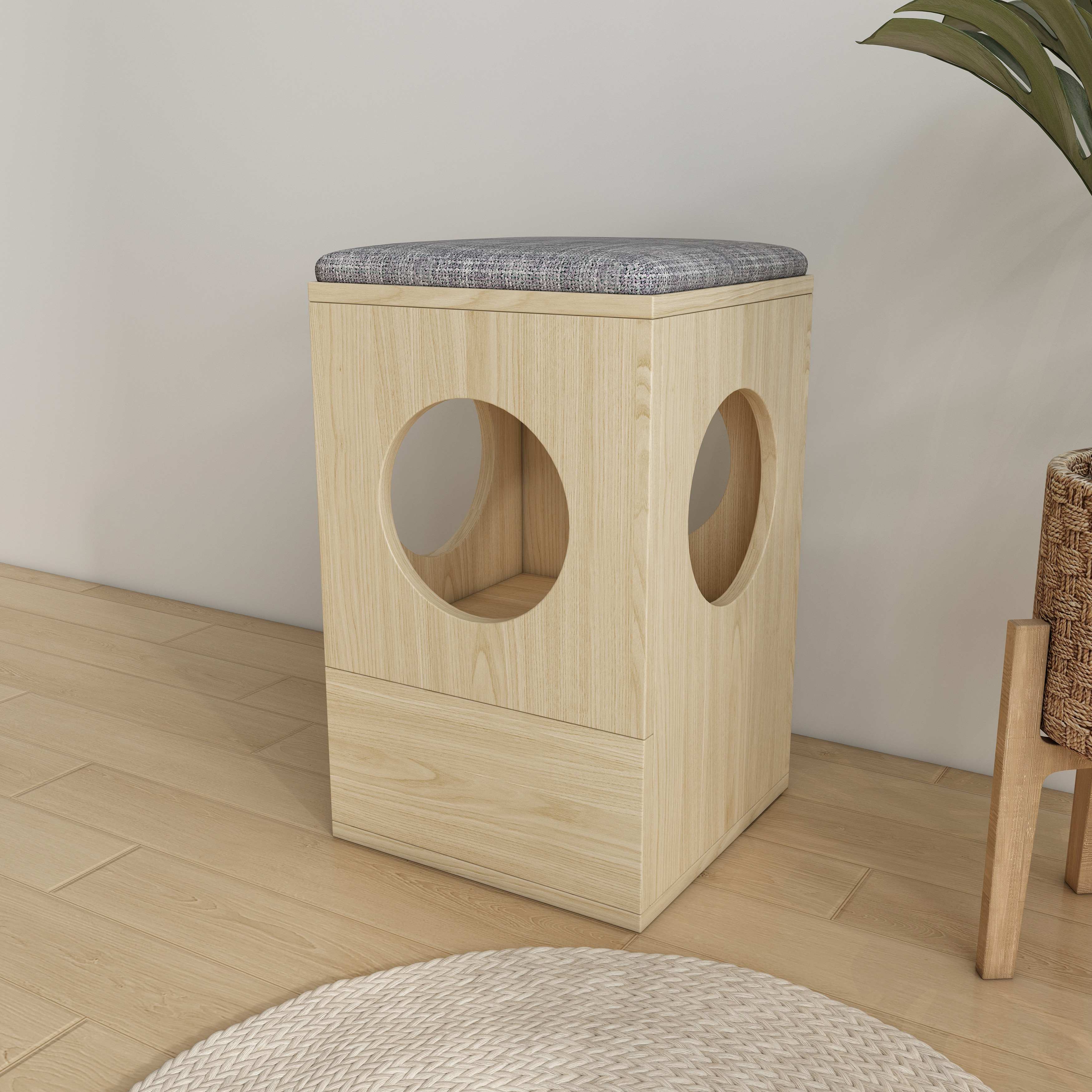 Wooden Cat House Stool | 2-in-1 Hidden Cat Bed Ottoman for Small Spaces