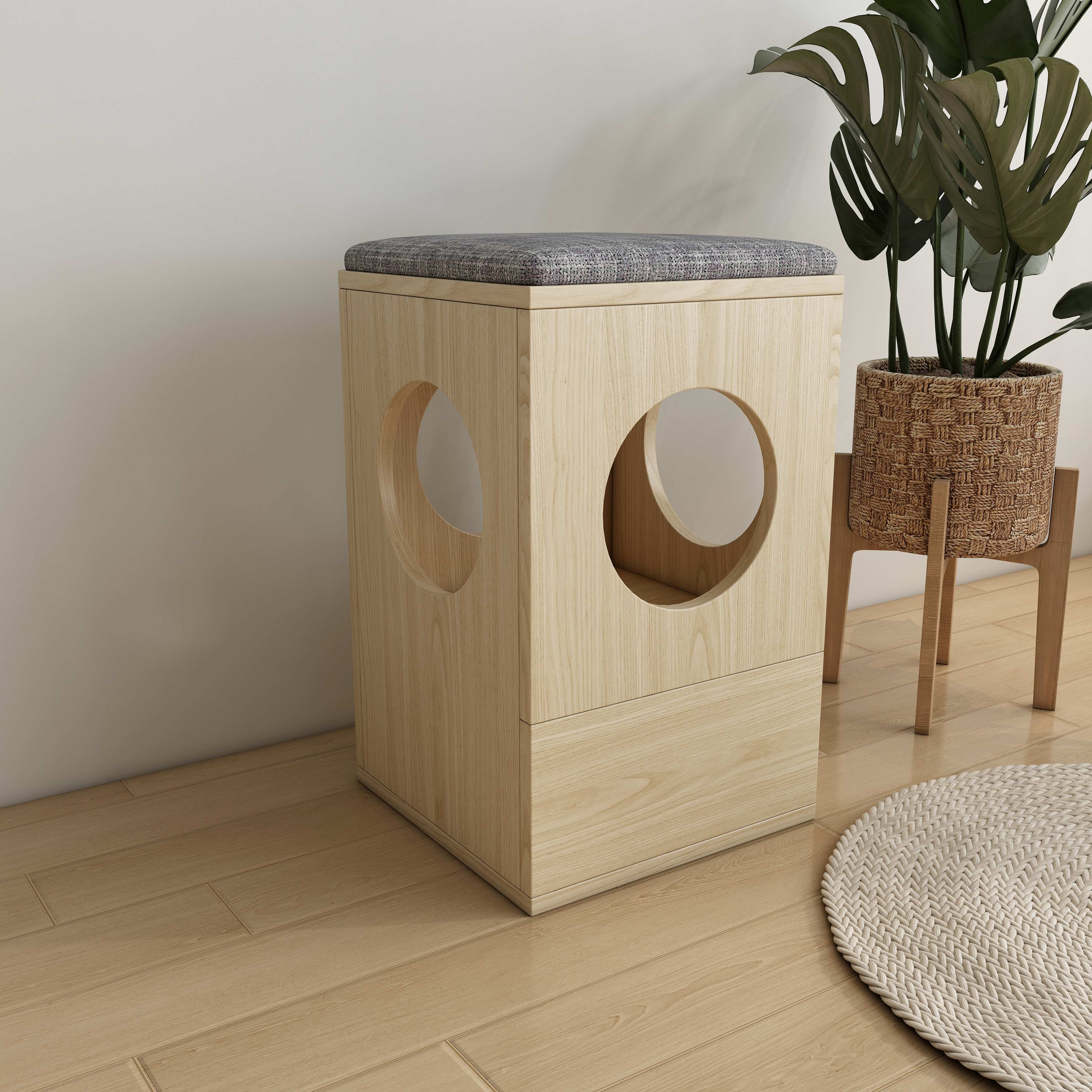Wooden Cat House Stool | 2-in-1 Hidden Cat Bed Ottoman for Small Spaces