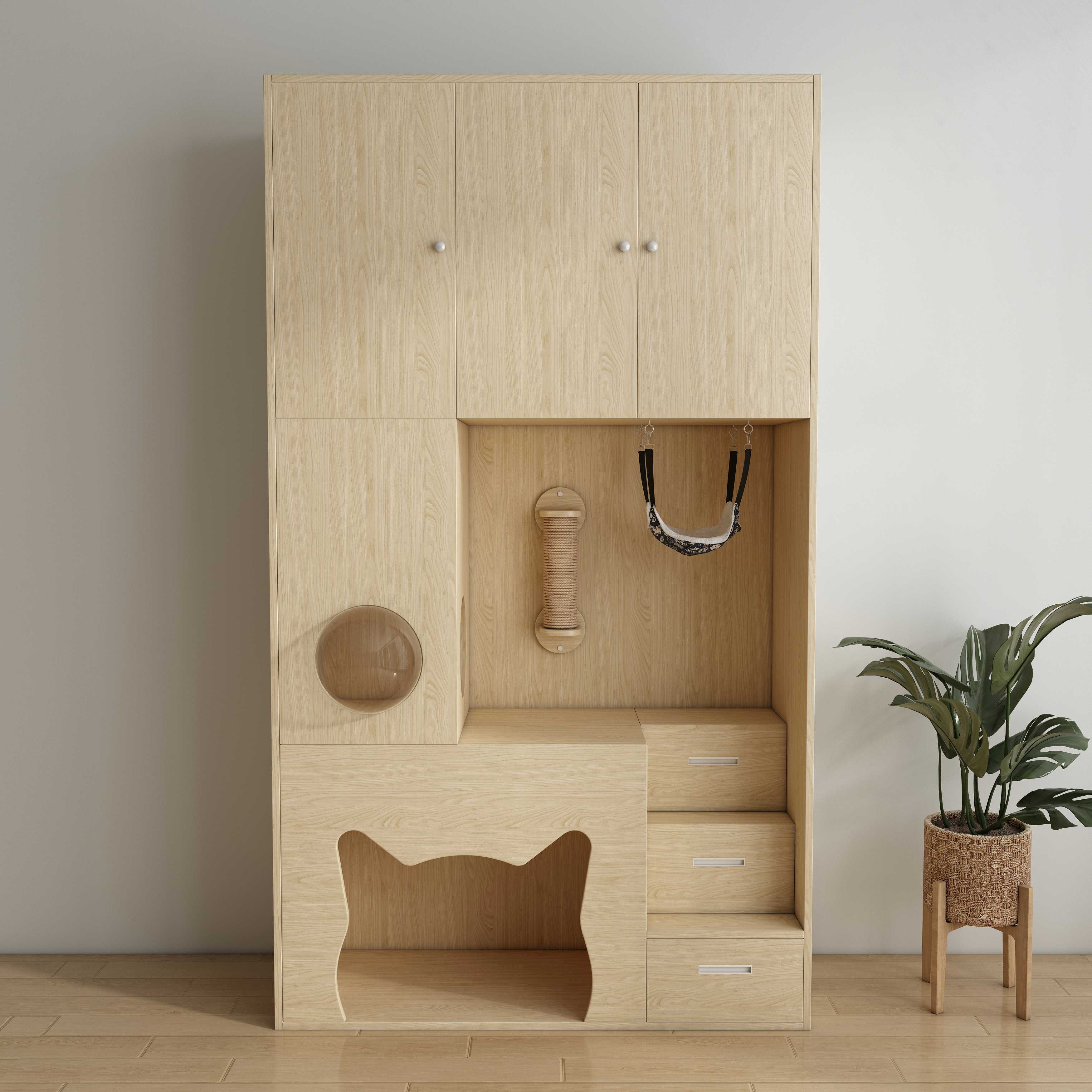 All-In-One Wooden Cat House Cabinet | Cat Tree with Hammock & Storage Drawers