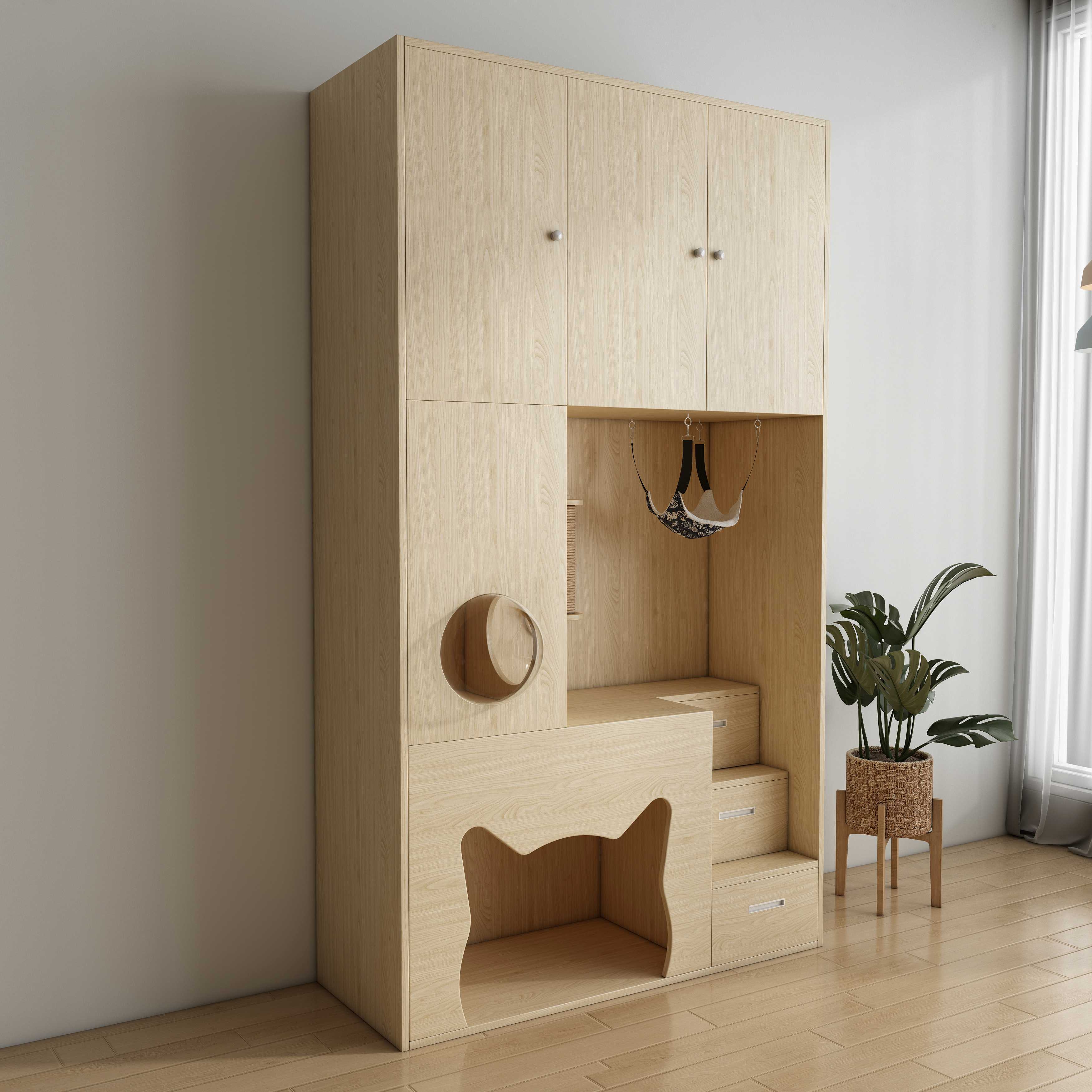 All-In-One Wooden Cat House Cabinet | Cat Tree with Hammock & Storage Drawers
