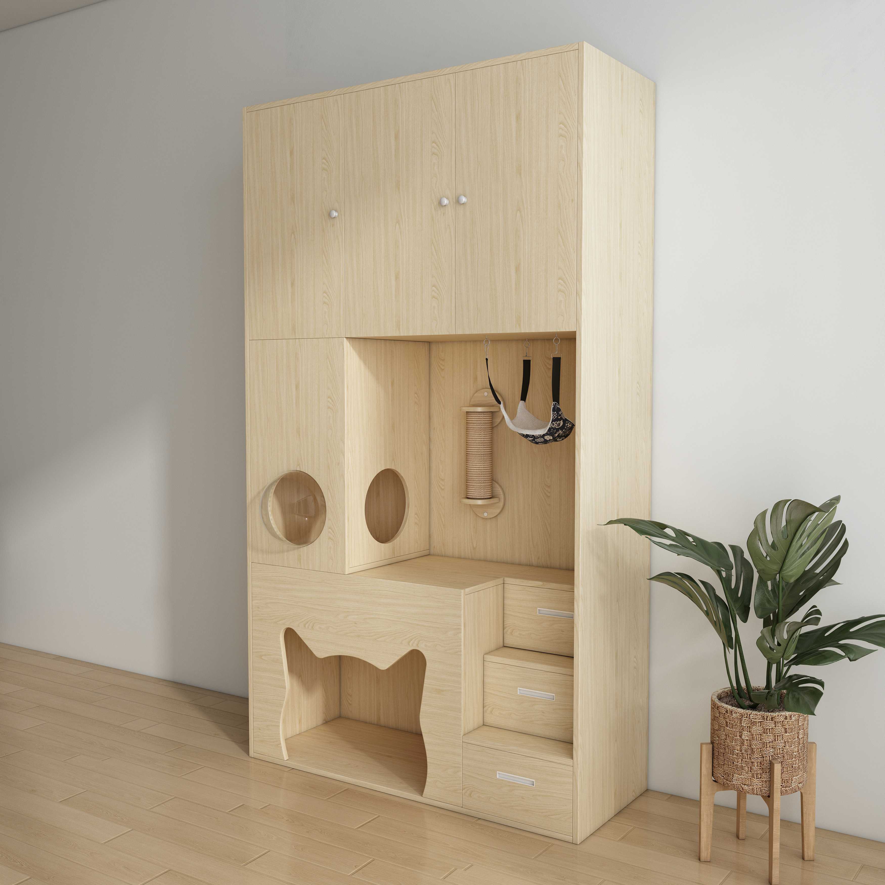All-In-One Wooden Cat House Cabinet | Cat Tree with Hammock & Storage Drawers