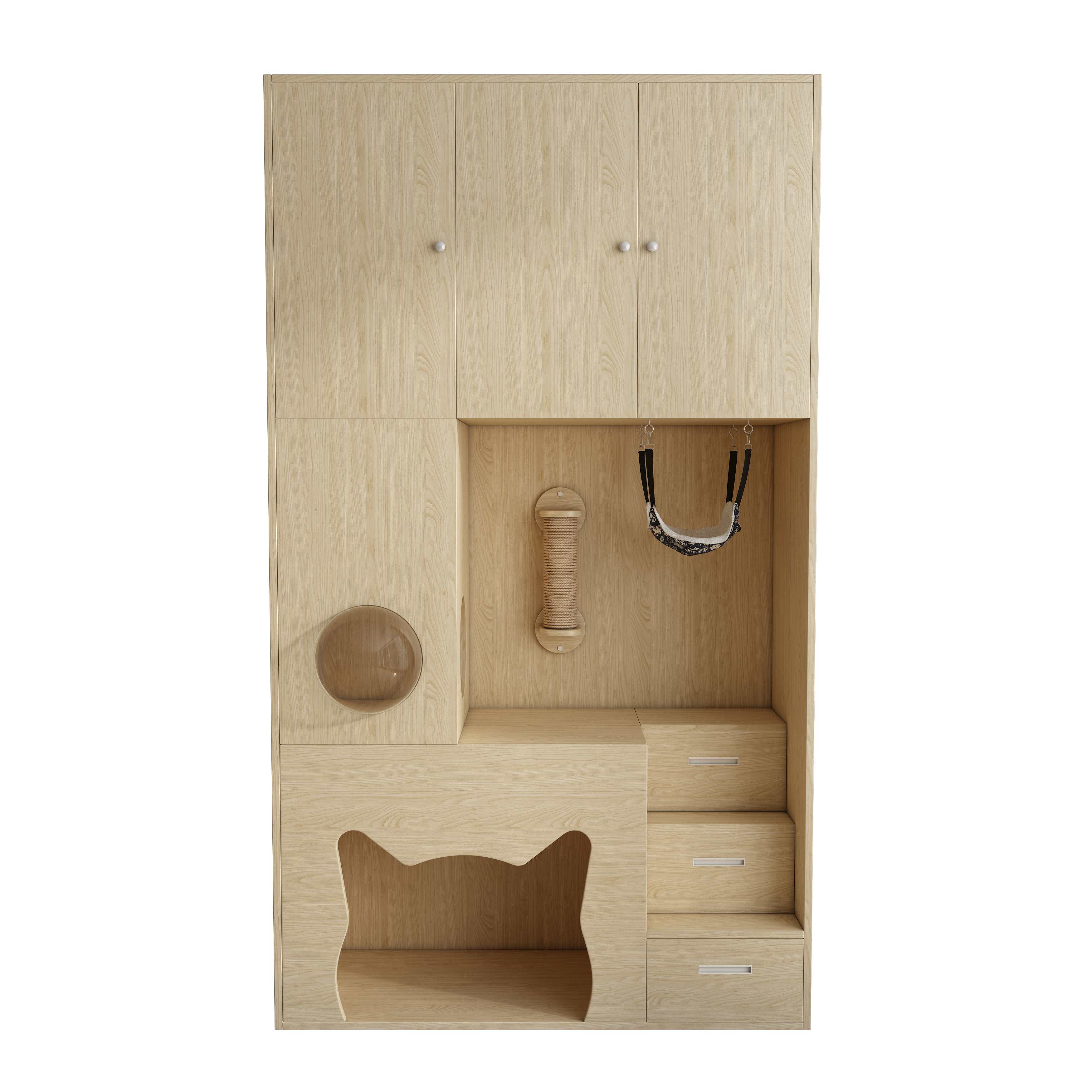 All-In-One Wooden Cat House Cabinet | Cat Tree with Hammock & Storage Drawers