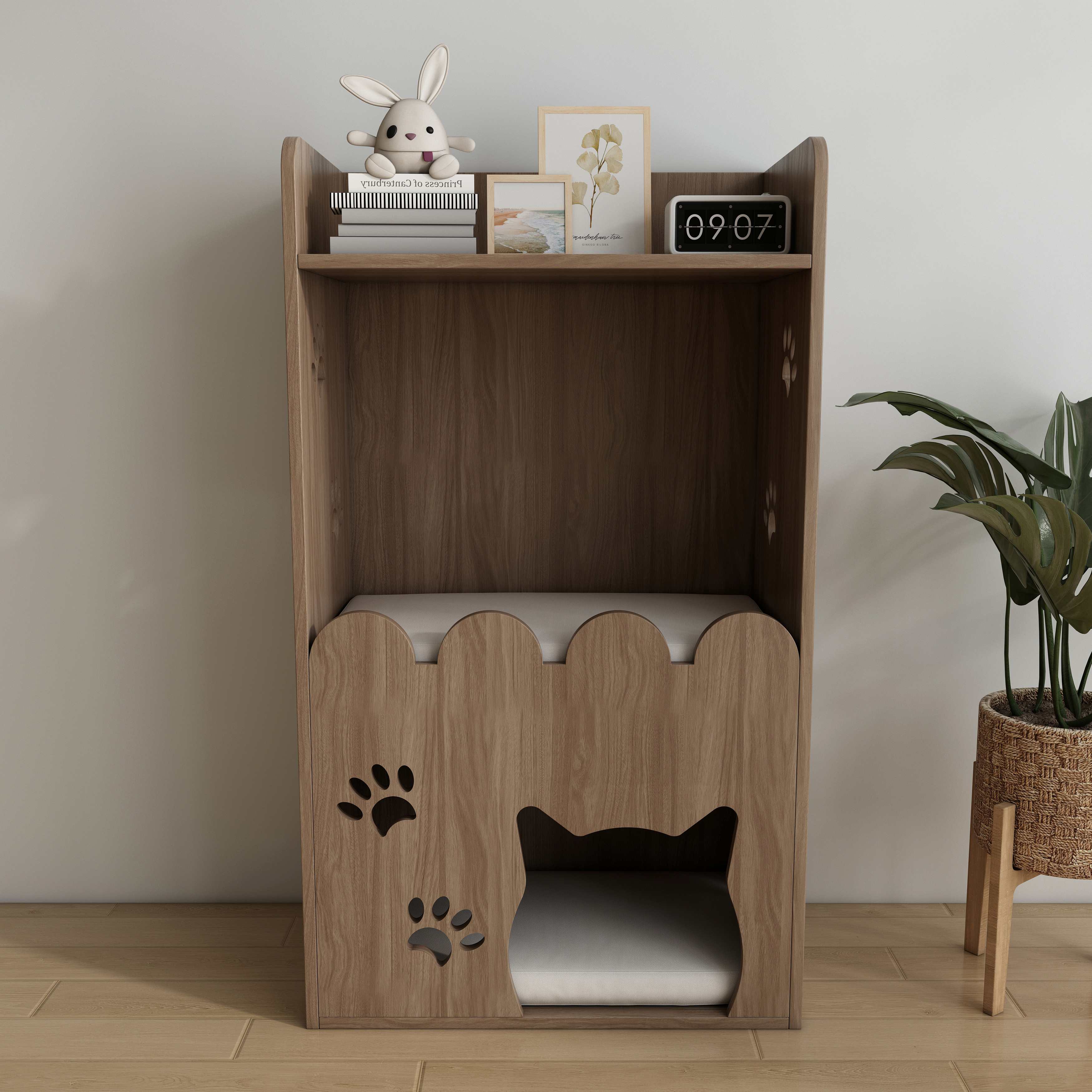 Wooden Cat House with Shelf | 2-Tier Cat Bed & Display Shelf for Small Spaces