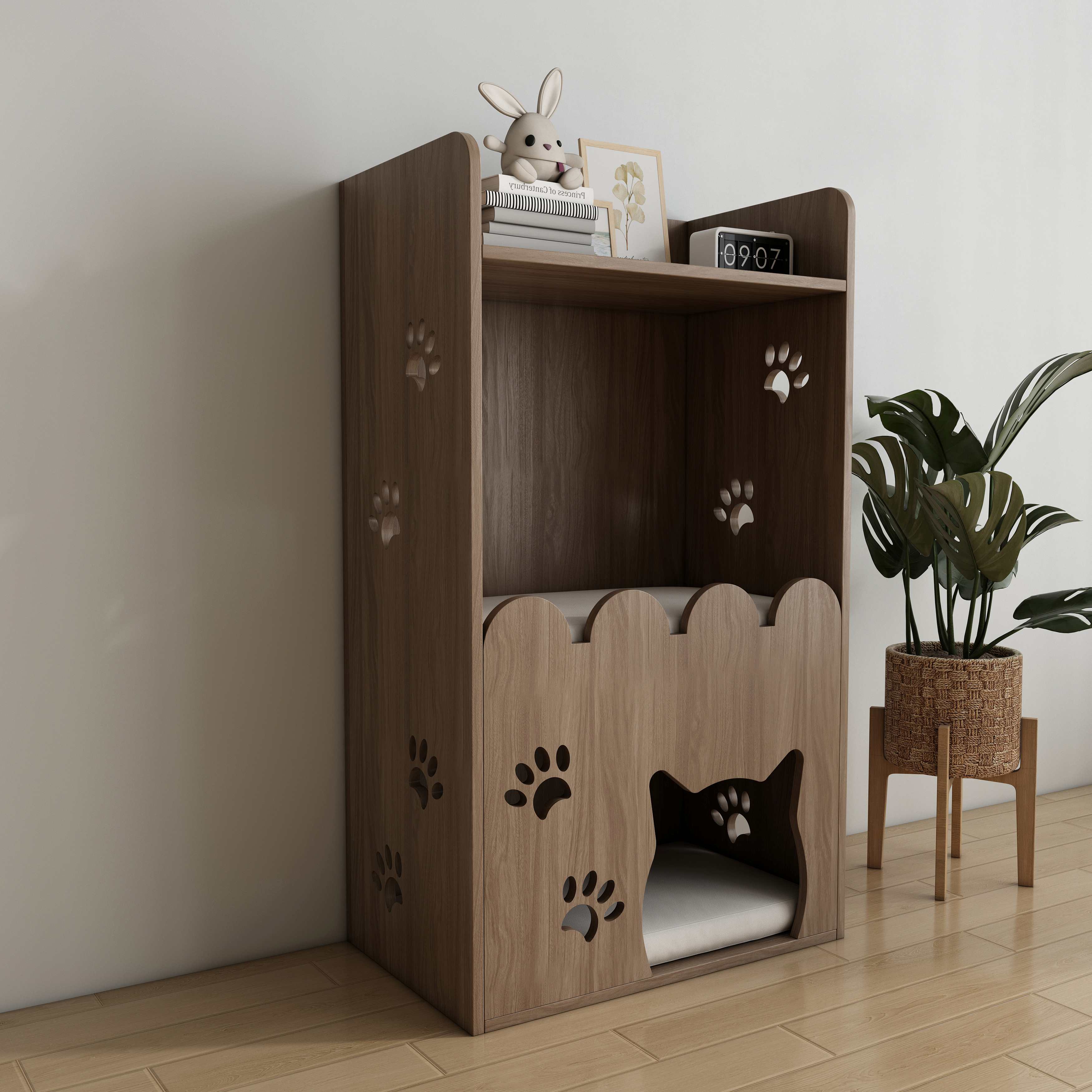 Wooden Cat House with Shelf | 2-Tier Cat Bed & Display Shelf for Small Spaces