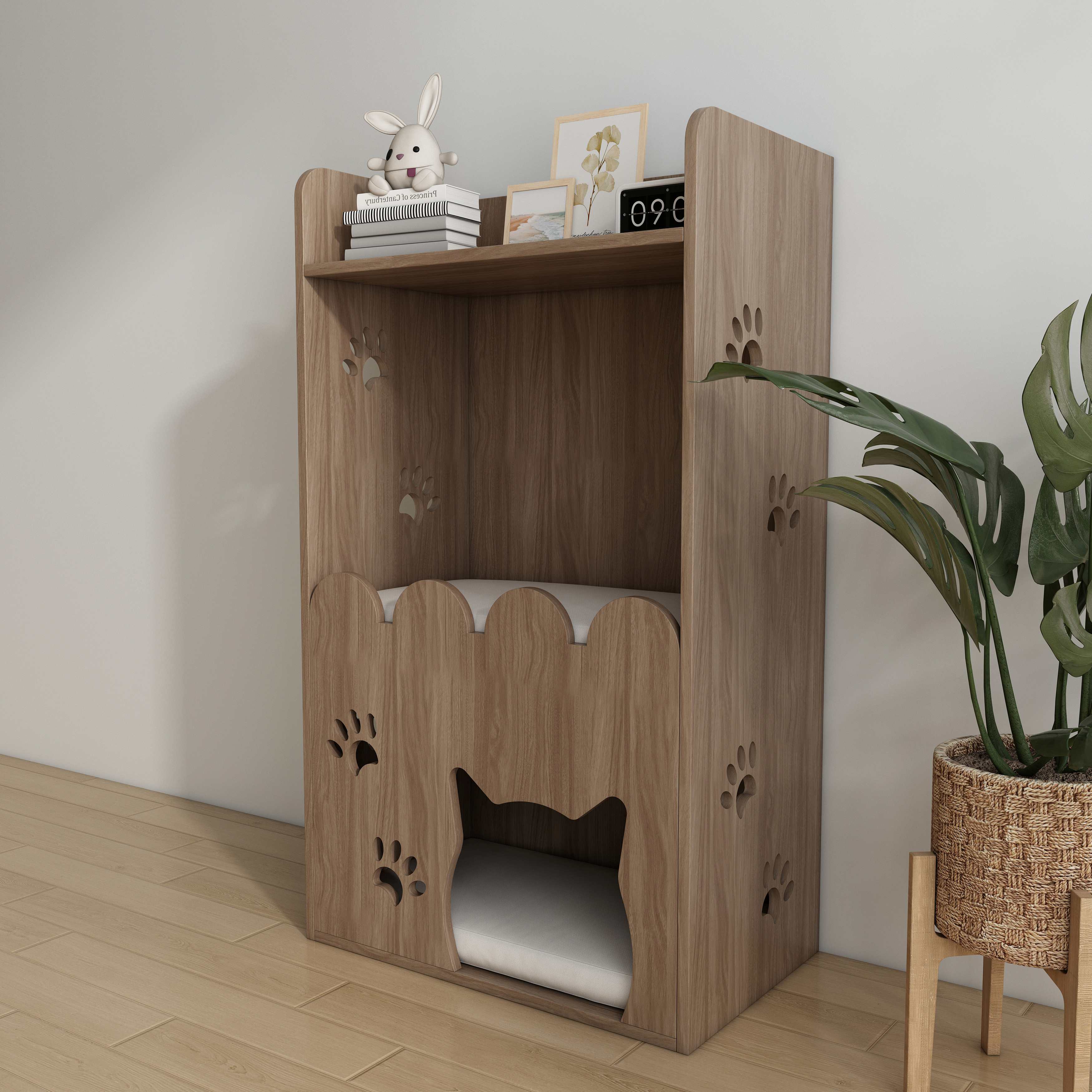 Wooden Cat House with Shelf | 2-Tier Cat Bed & Display Shelf for Small Spaces