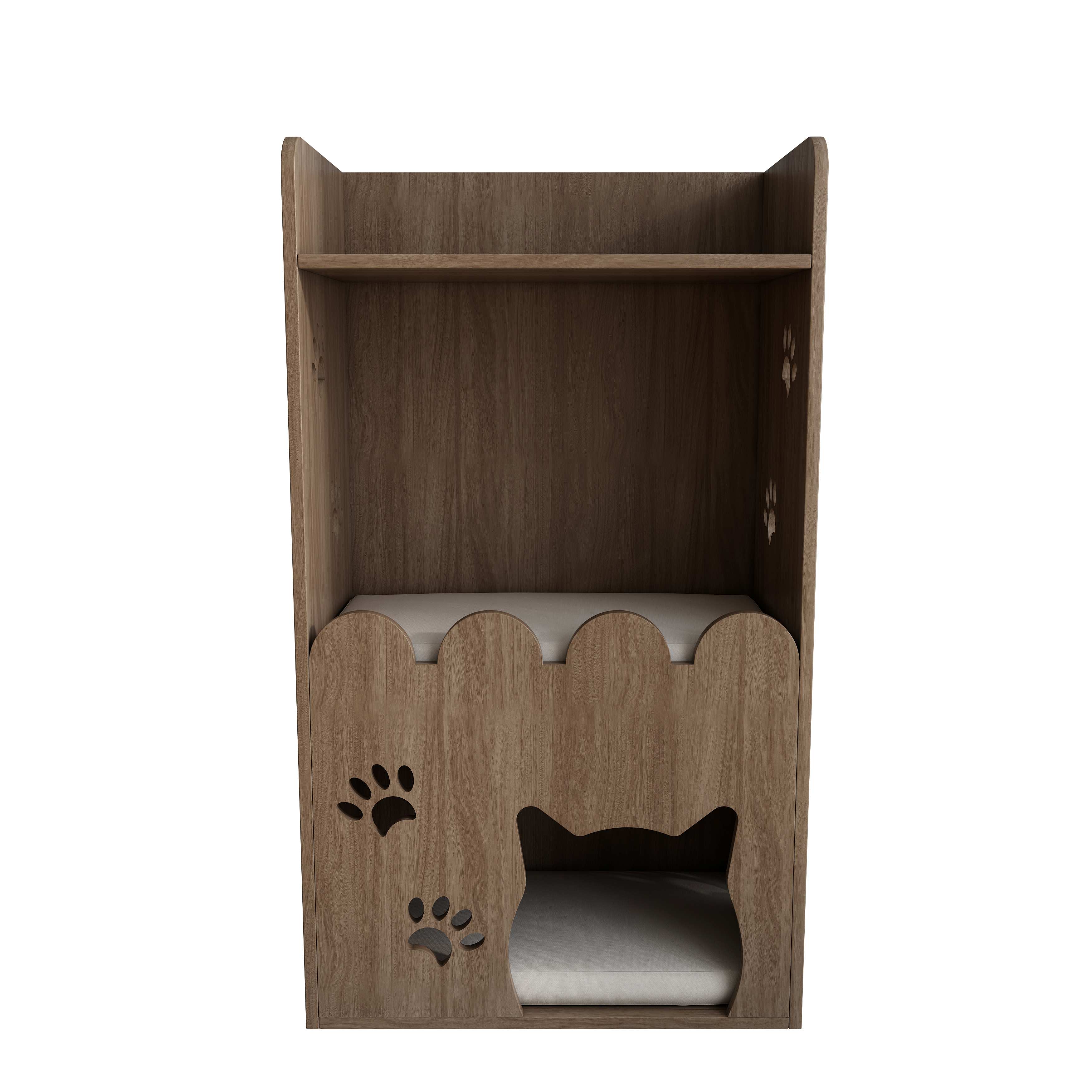 Wooden Cat House with Shelf | 2-Tier Cat Bed & Display Shelf for Small Spaces