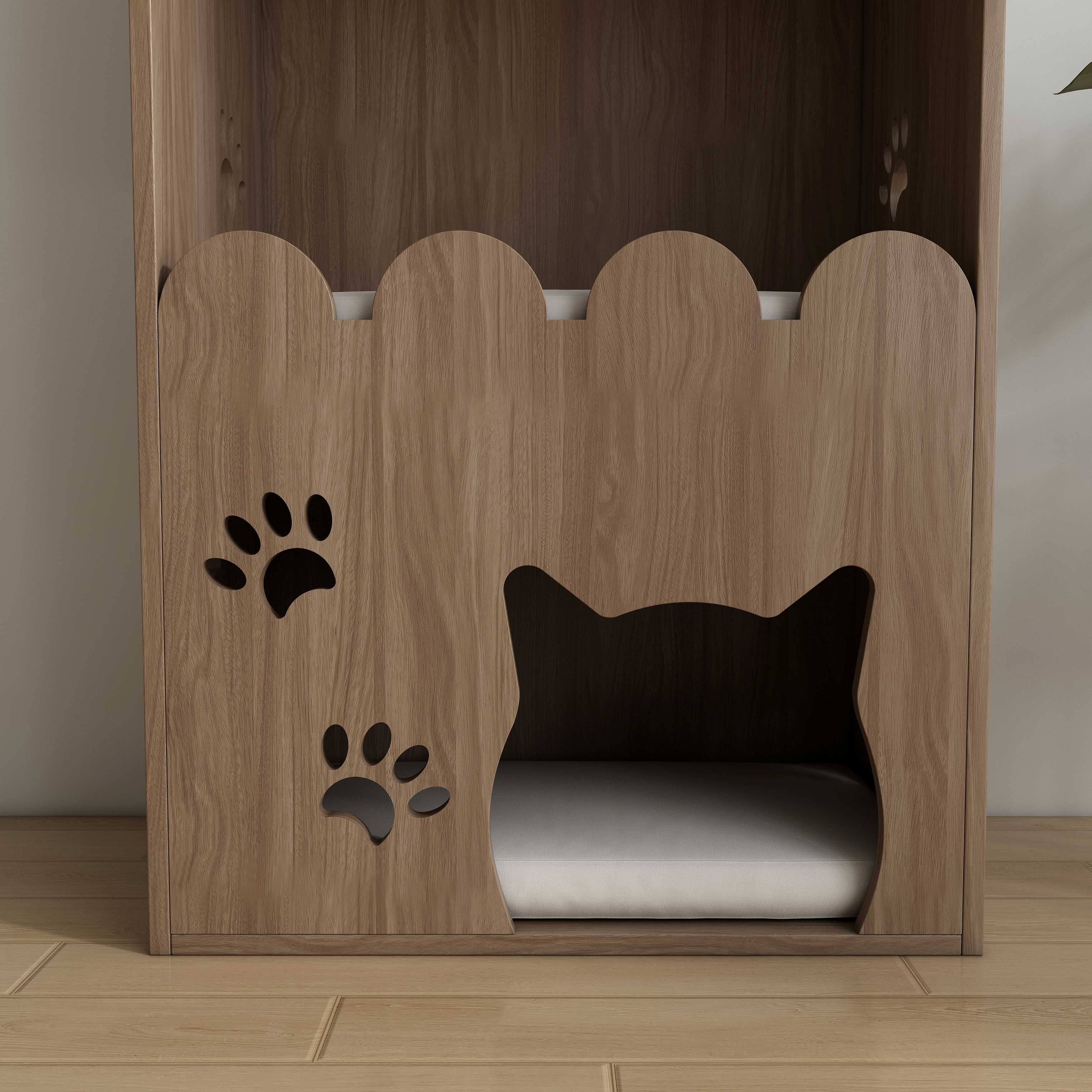 Wooden Cat House with Shelf | 2-Tier Cat Bed & Display Shelf for Small Spaces