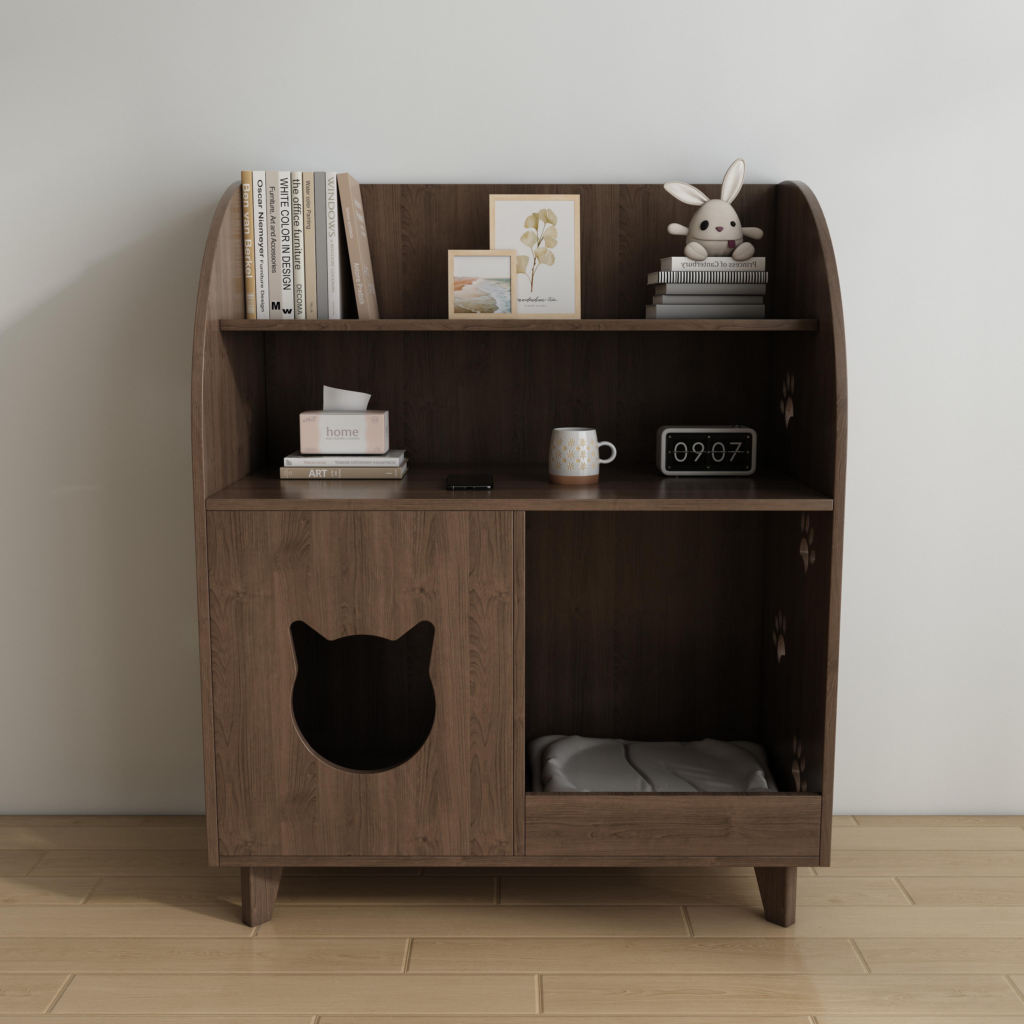 Wooden Cat House Bookshelf | 2-in-1 Cat Litter Box Enclosure with Storage