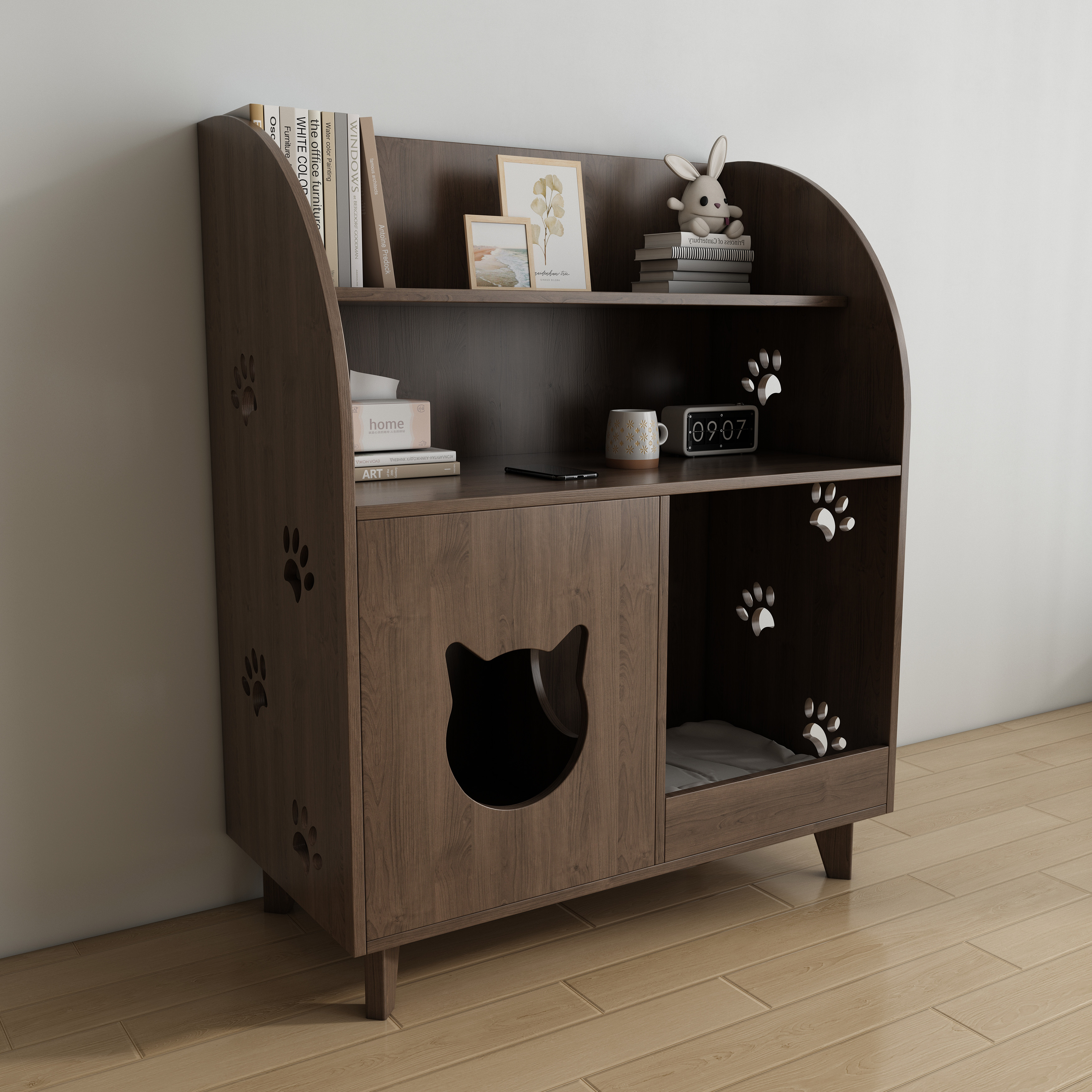 Wooden Cat House Bookshelf | 2-in-1 Cat Litter Box Enclosure with Storage